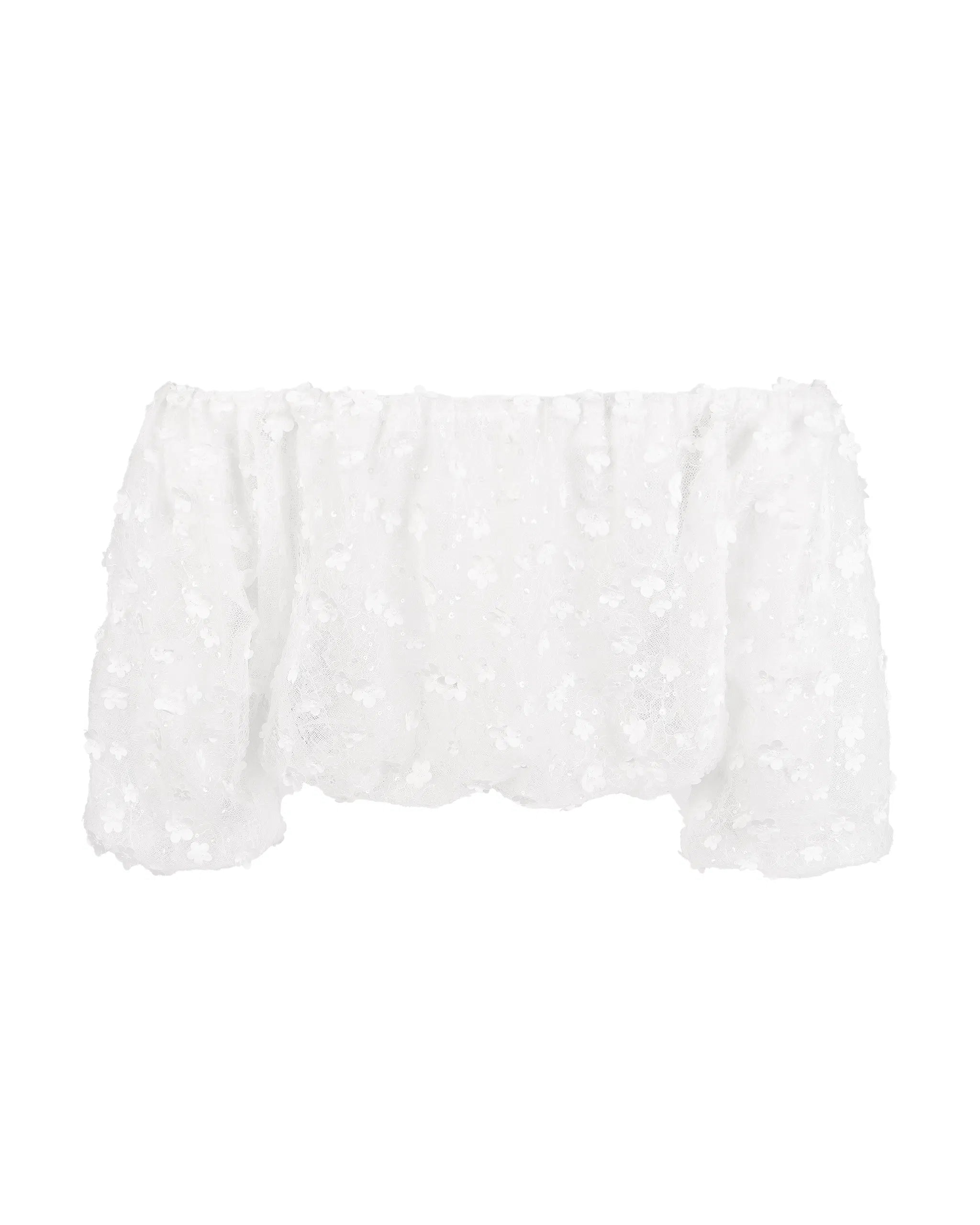 Off-Shoulder Tüll Braut Top mit Blüten und Pailletten Freisteller hinten