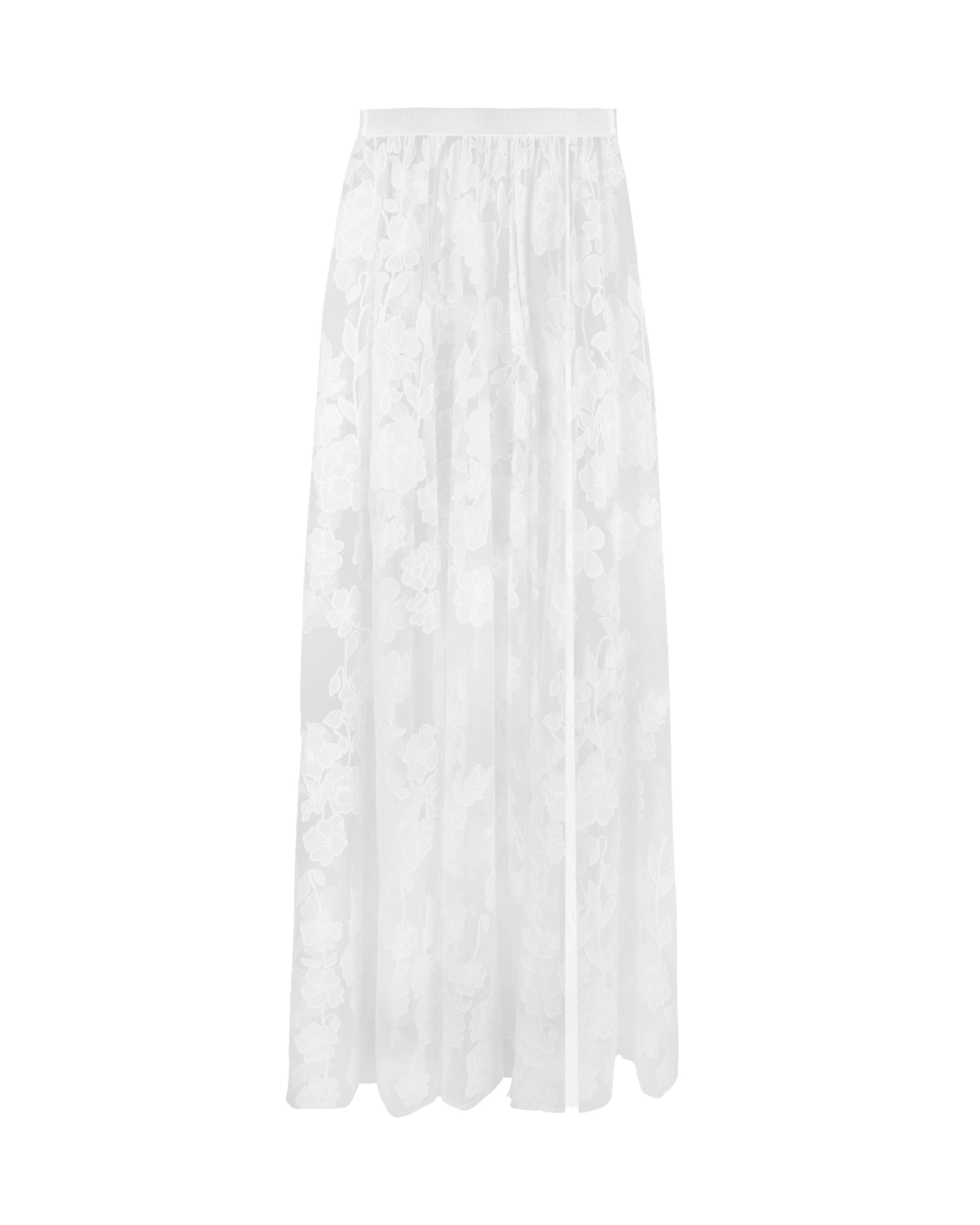 Bodenlanger Überrock aus Tüll mit Blumen bestickt Freisteller