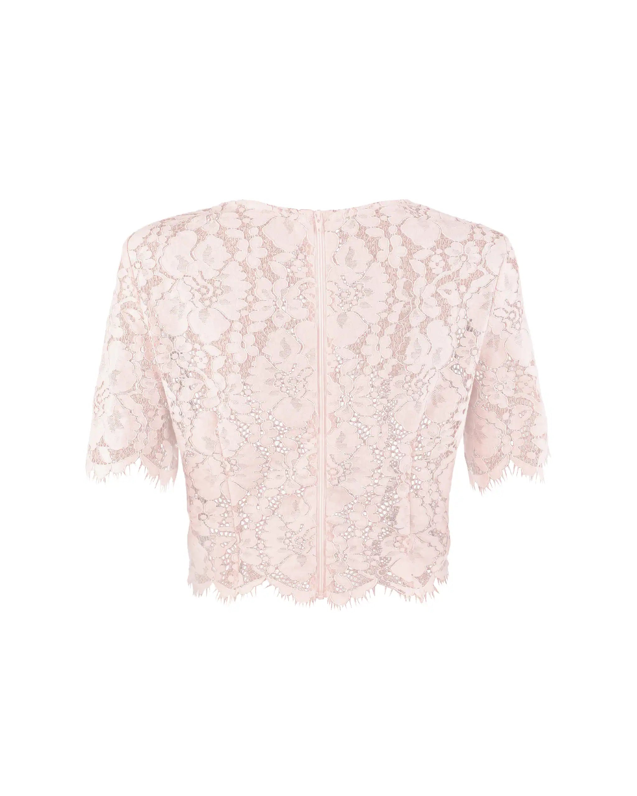 Kurzarm Crop Top aus Vintage Spitze in rosa Freisteller hinten
