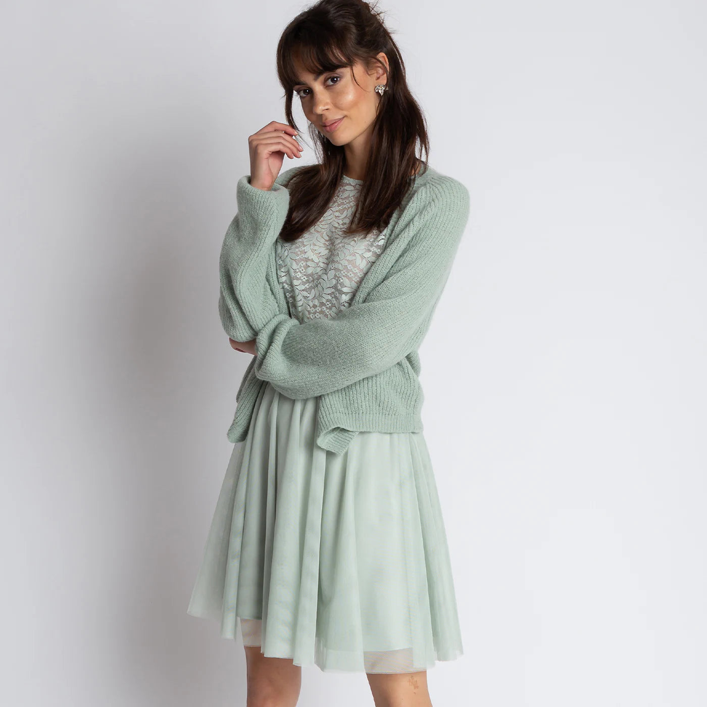 Brautjungfernkleid mit Spitzenoberteil und Tüllrock in Grün und Sage