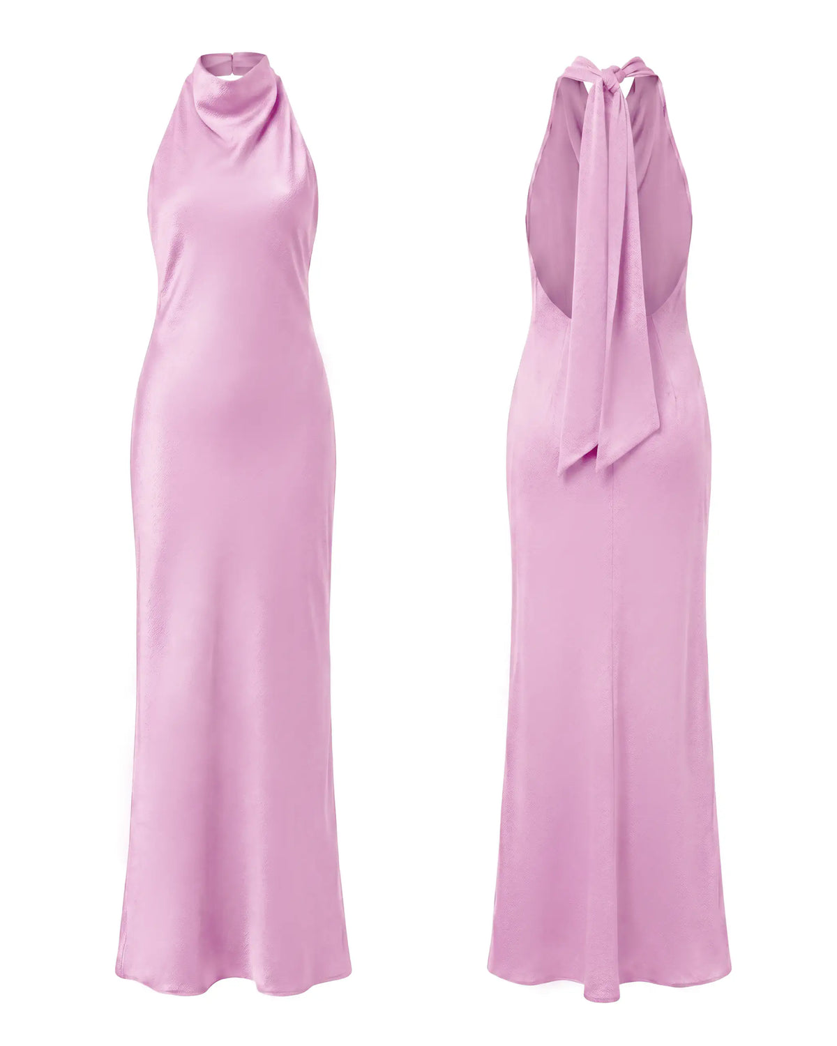 Neckholder Abendkleid aus Satin mit Rueckenausschnitt - Freisteller vorne und hinten