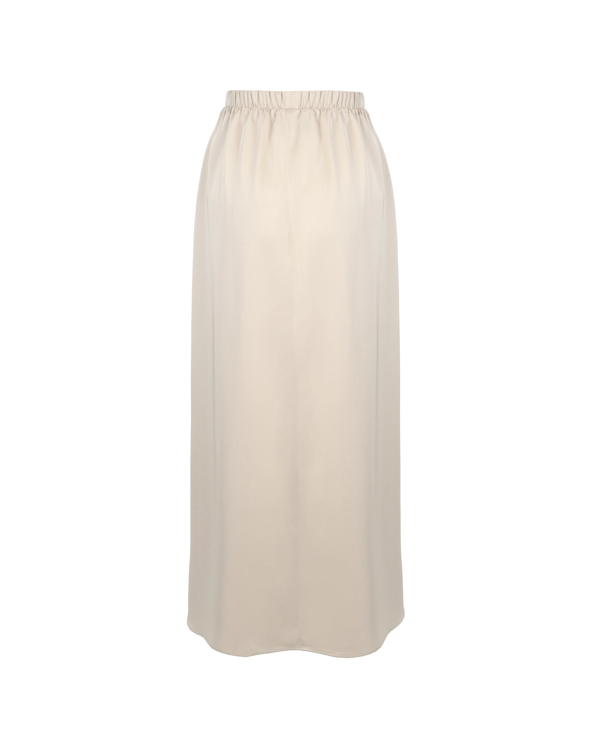 Wadenlanger Satinrock mit Schlitz in champagne Freisteller hinten