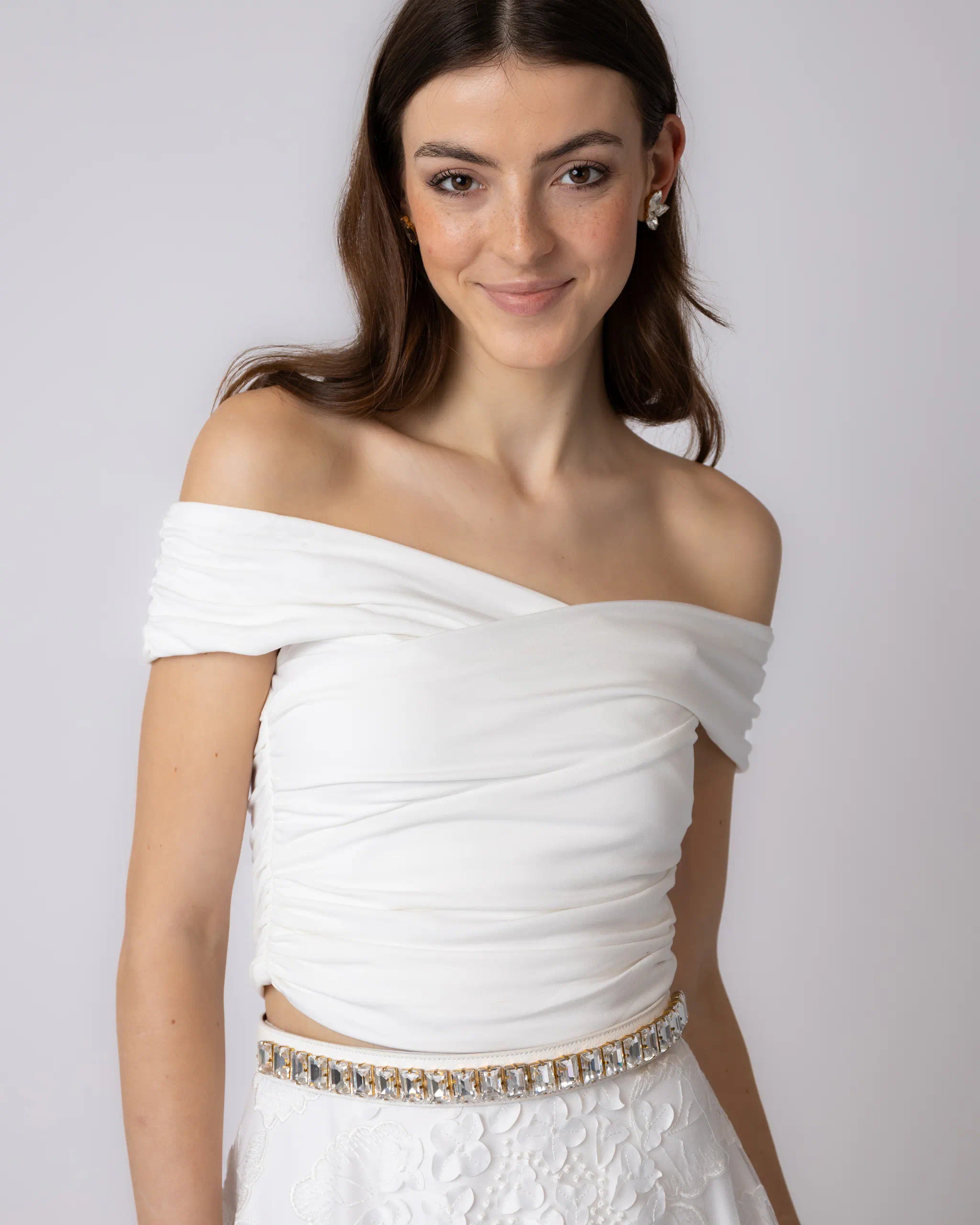 Drapiertes Off-Shoulder Braut Top Ansicht vorne