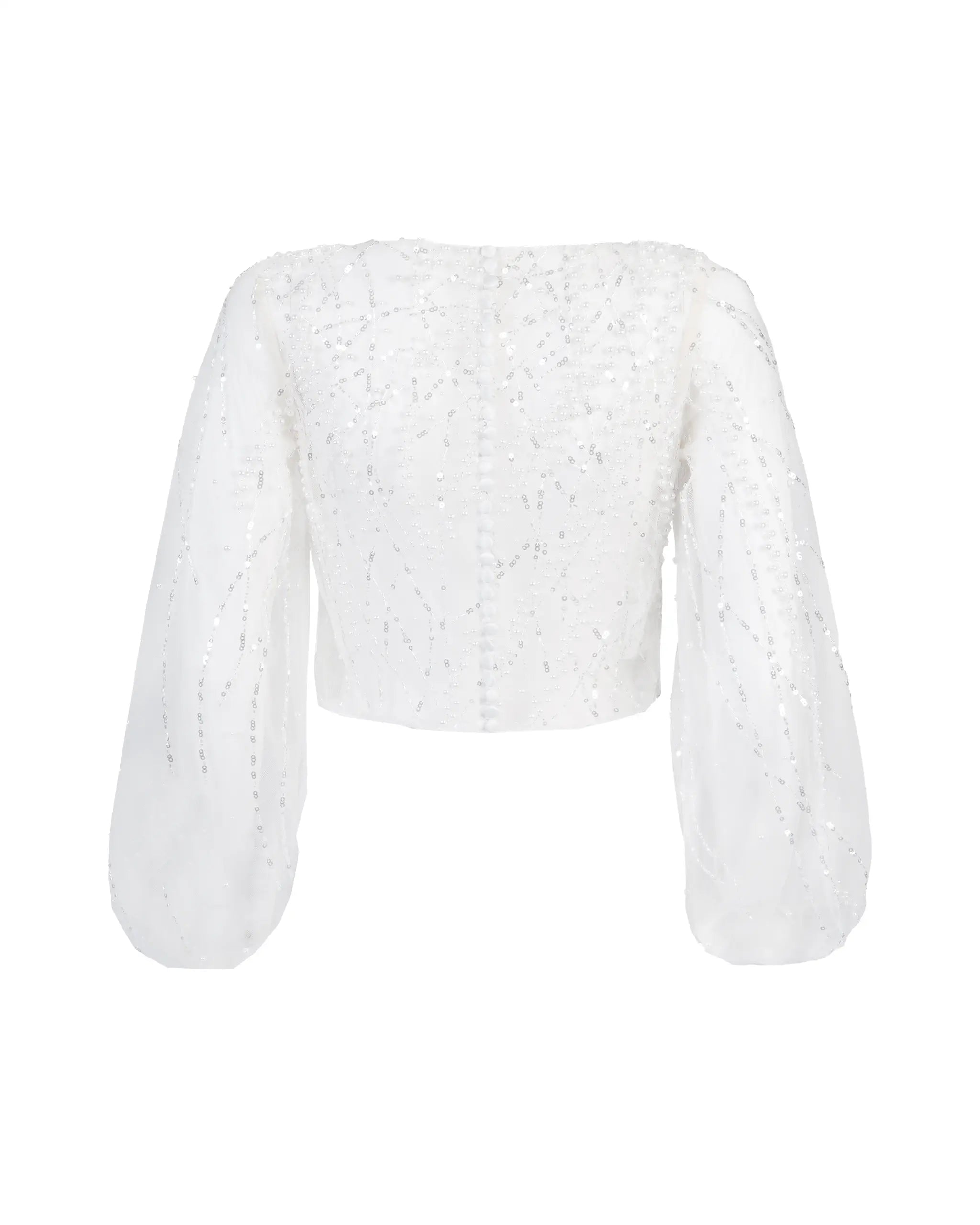 Perlenverzierte Tüll Braut Bluse mit langen Ärmeln Freisteller hinten