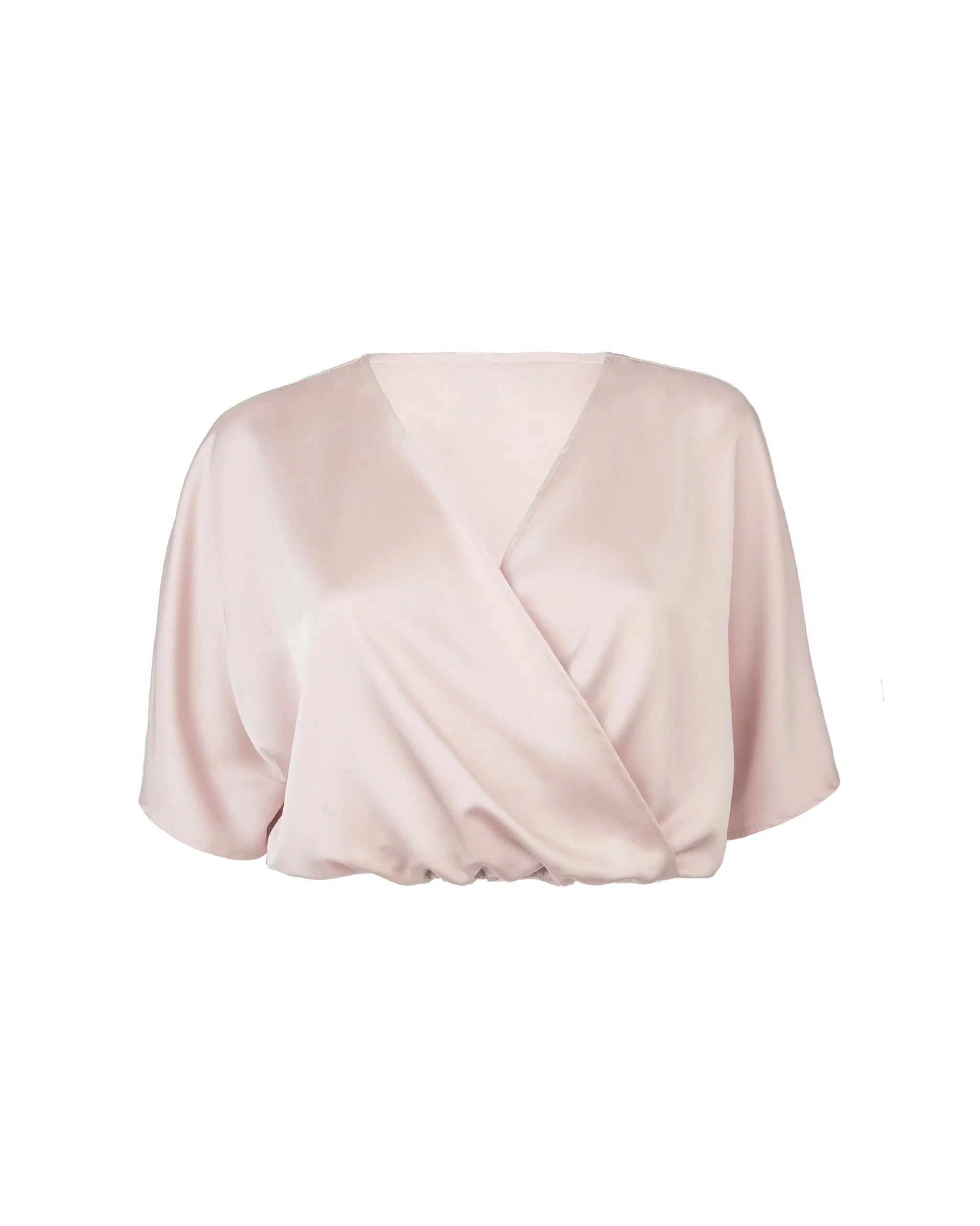 Kurze Satinbluse mit V-Ausschnitt in rosa Freisteller vorne