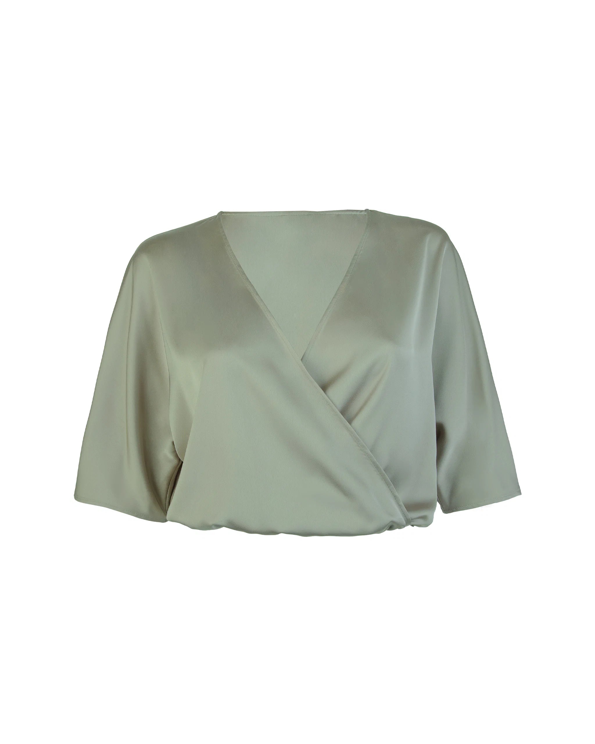 Kurze Satinbluse mit V-Ausschnitt in olive Freisteller vorne