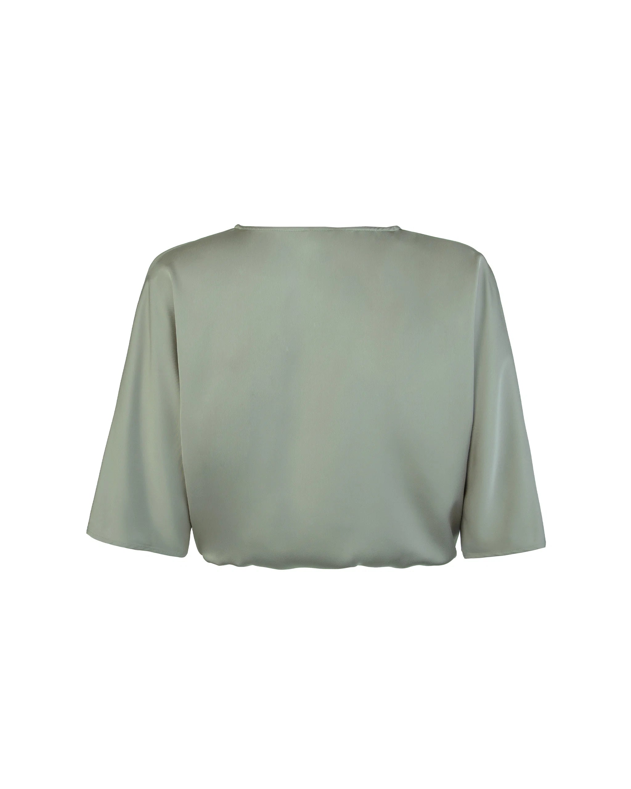 Kurze Satinbluse mit V-Ausschnitt in olive Freisteller hinten