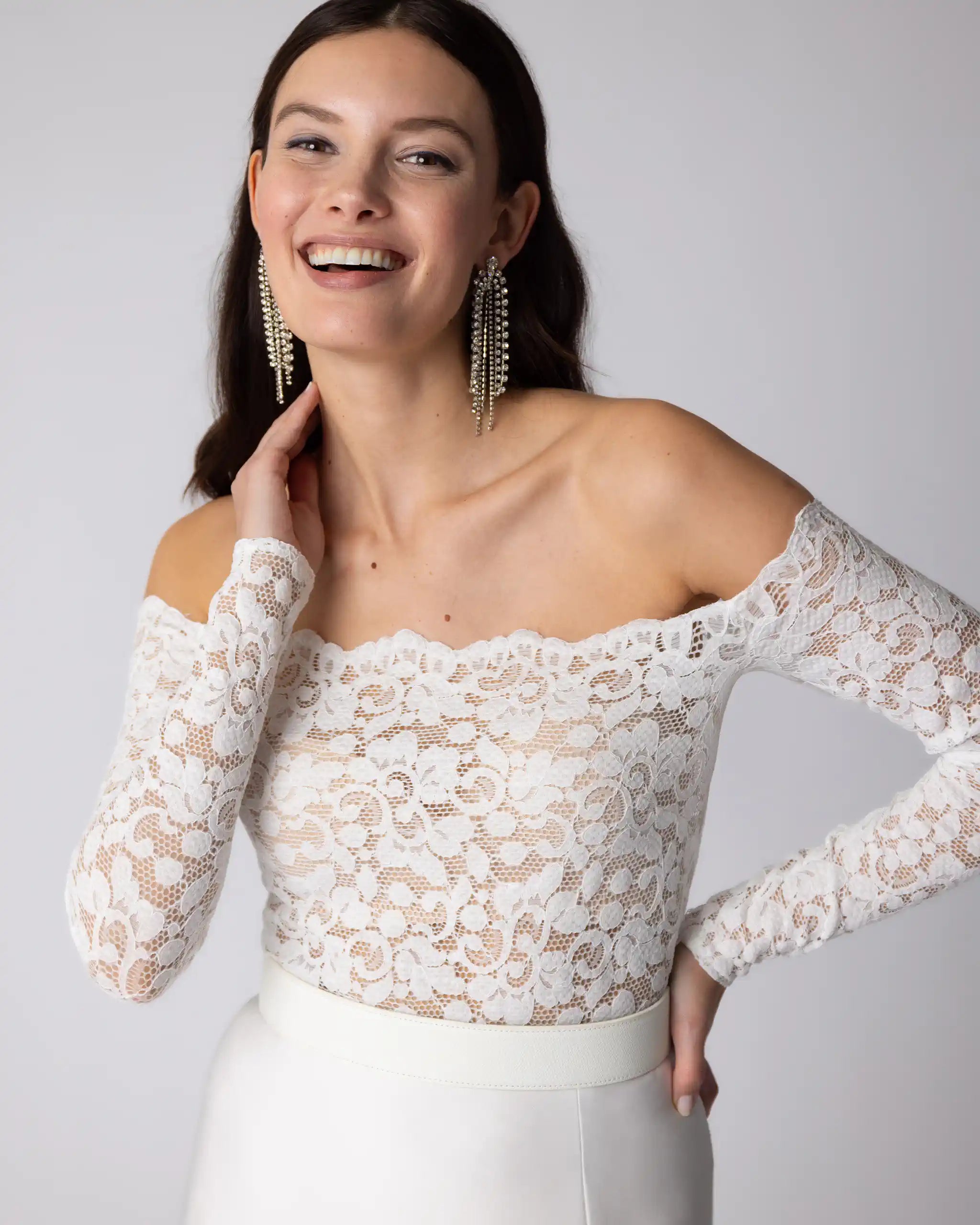 Off-Shoulder Boho langarm Brautbody Ansicht vorne