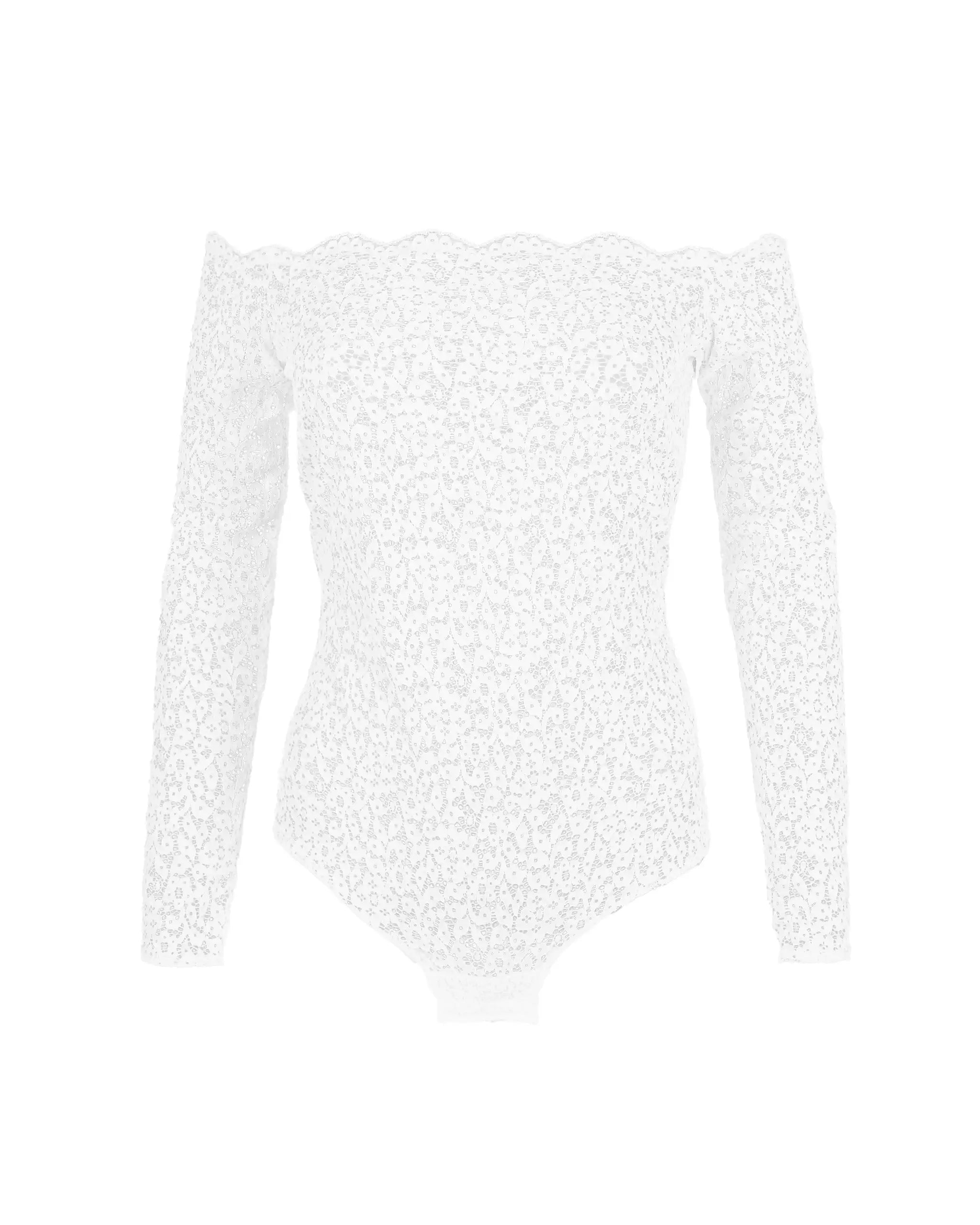 Off-Shoulder langarm Brautbody aus floraler Spitze Freisteller vorne