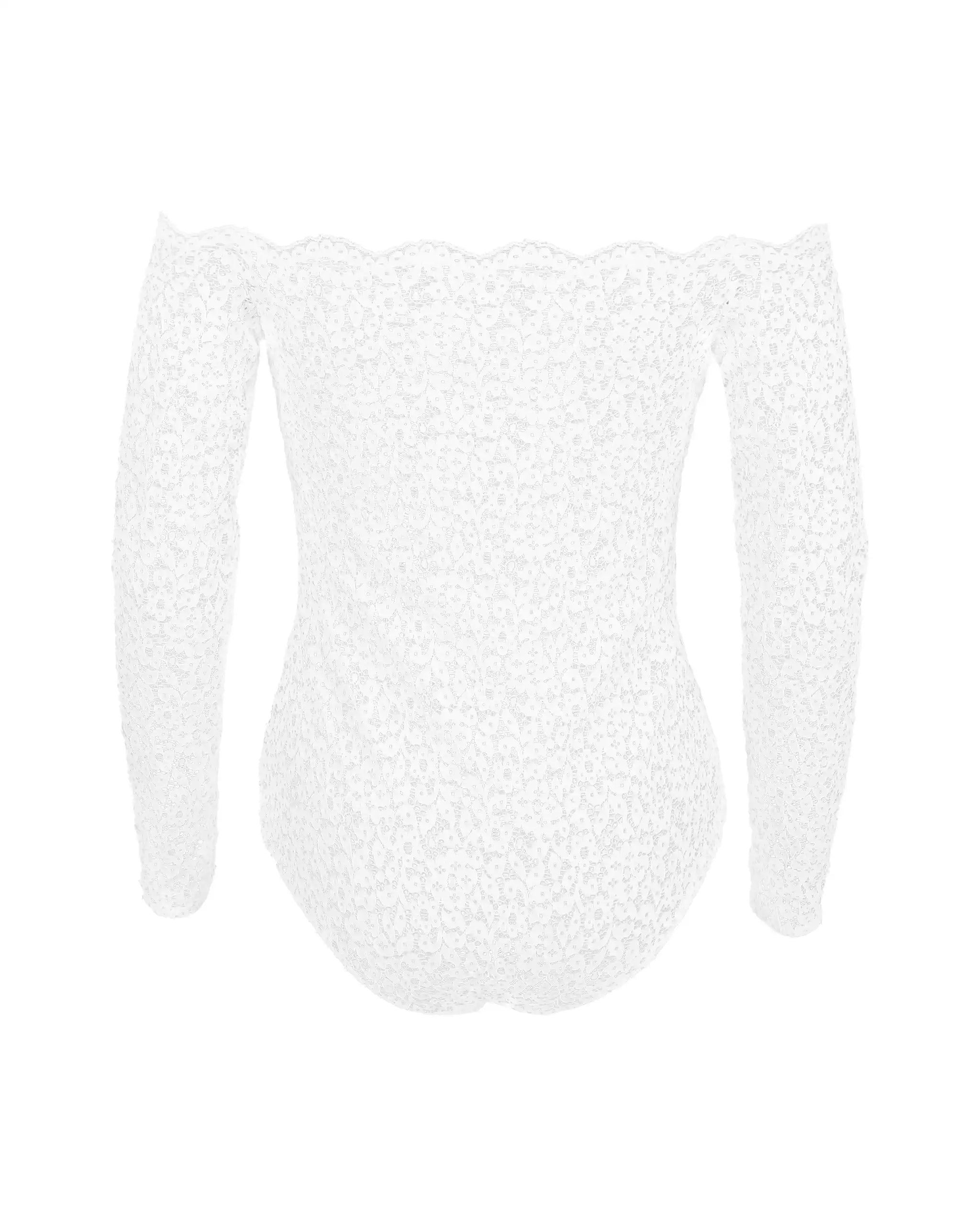 Off-Shoulder langarm Brautbody aus floraler Spitze Freisteller hinten