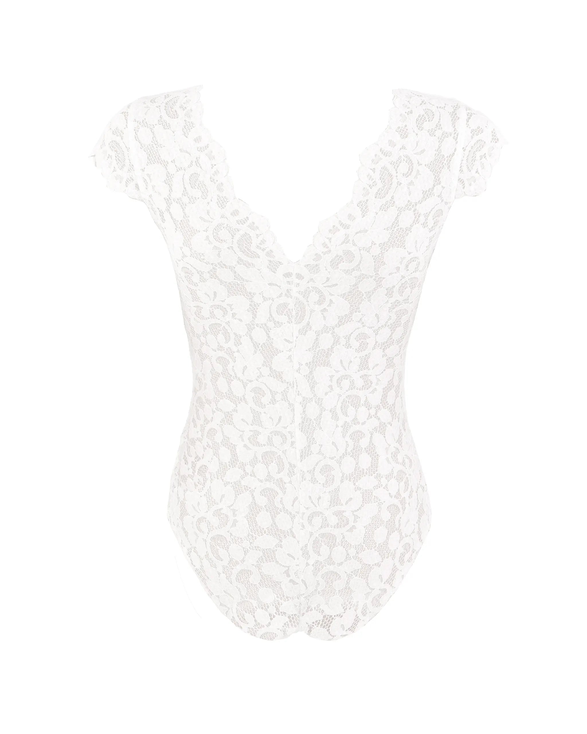 Kurzarm Brautbody aus Boho Spitze Freisteller hinten