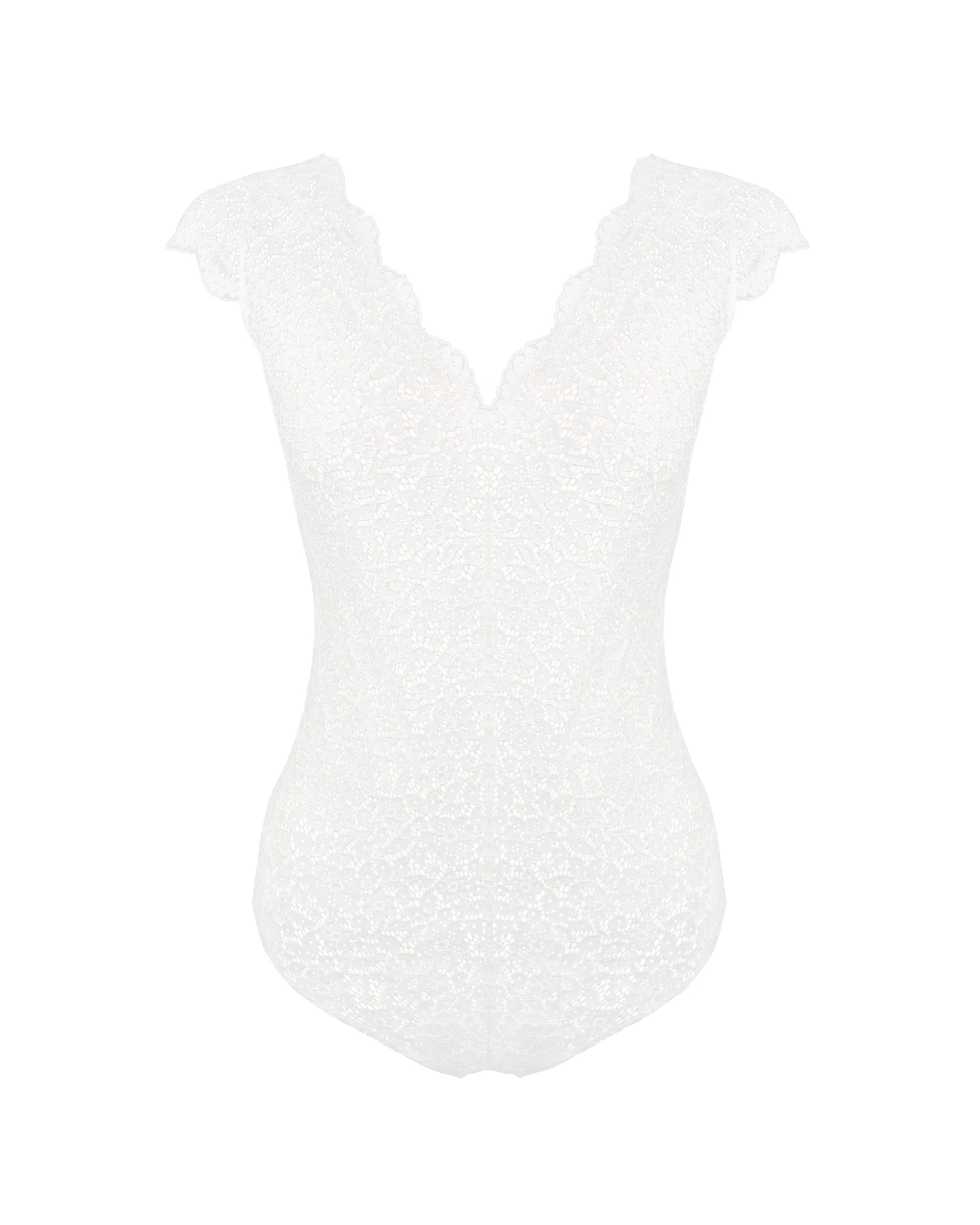 Kurzarm Brautbody aus floraler Spitze Freisteller vorne