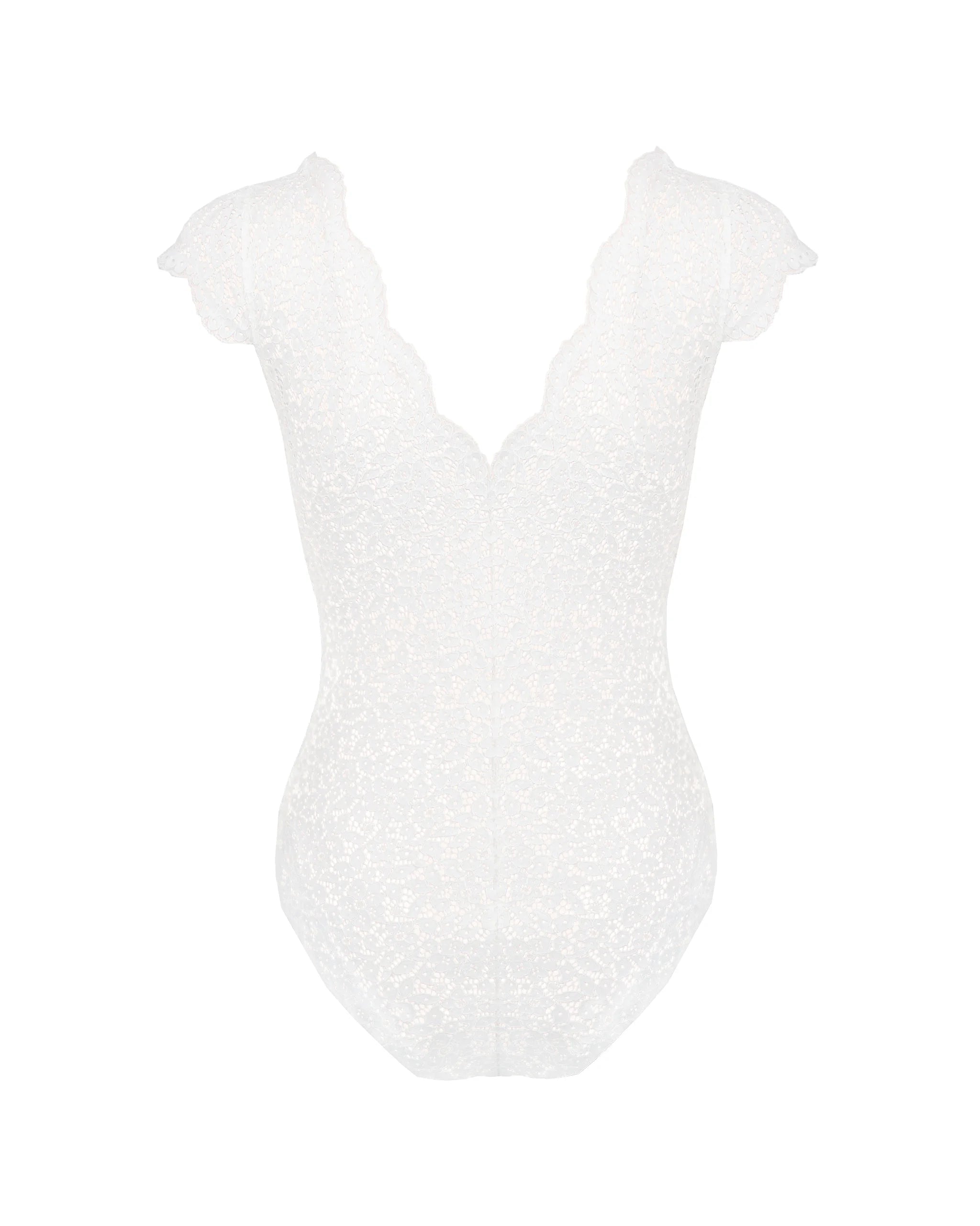 Kurzarm Brautbody aus floraler Spitze Freisteller hinten