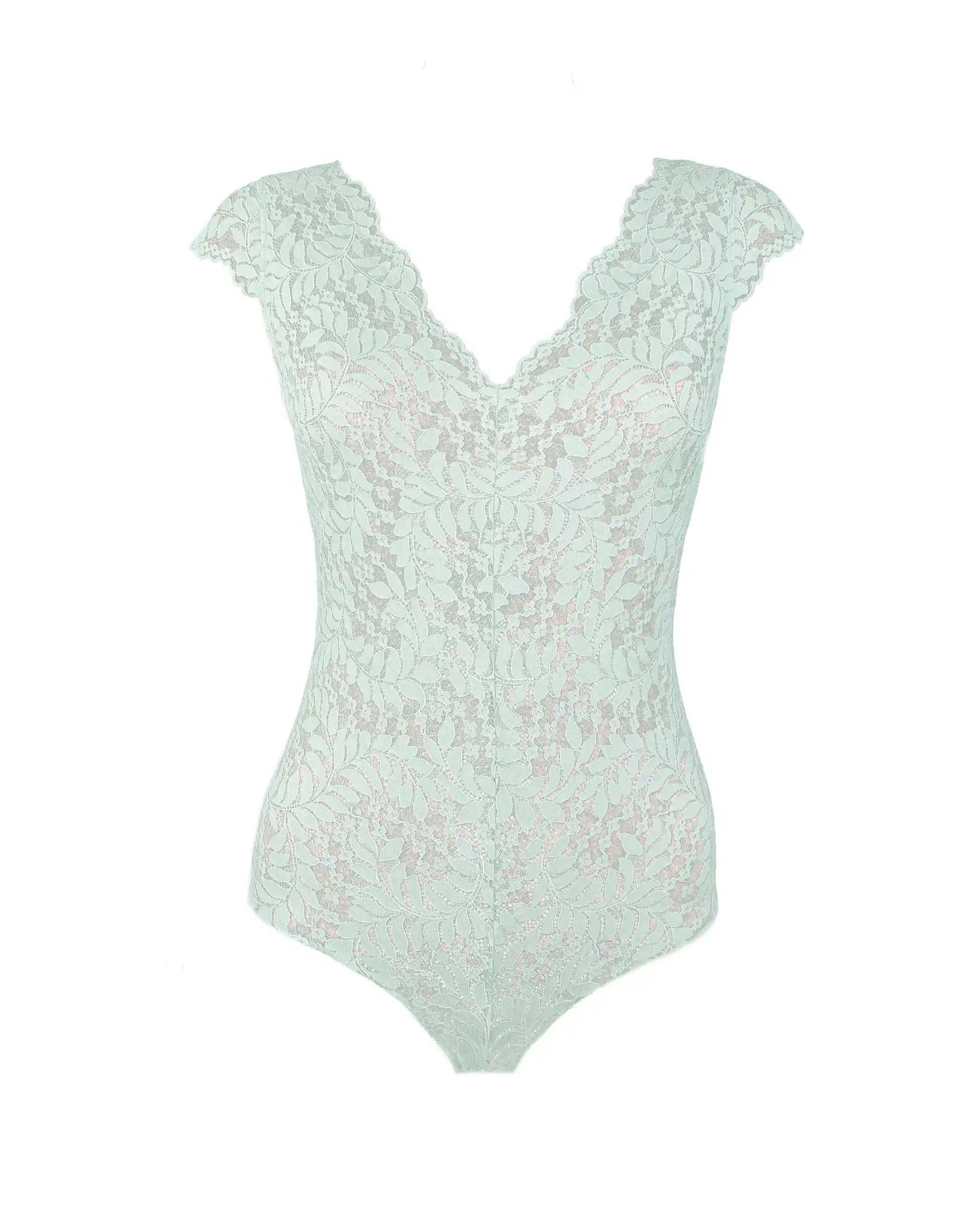 Kurzarm Body aus floraler Spitze mit V-Ausschnitt in salbeigrün Freisteller vorne