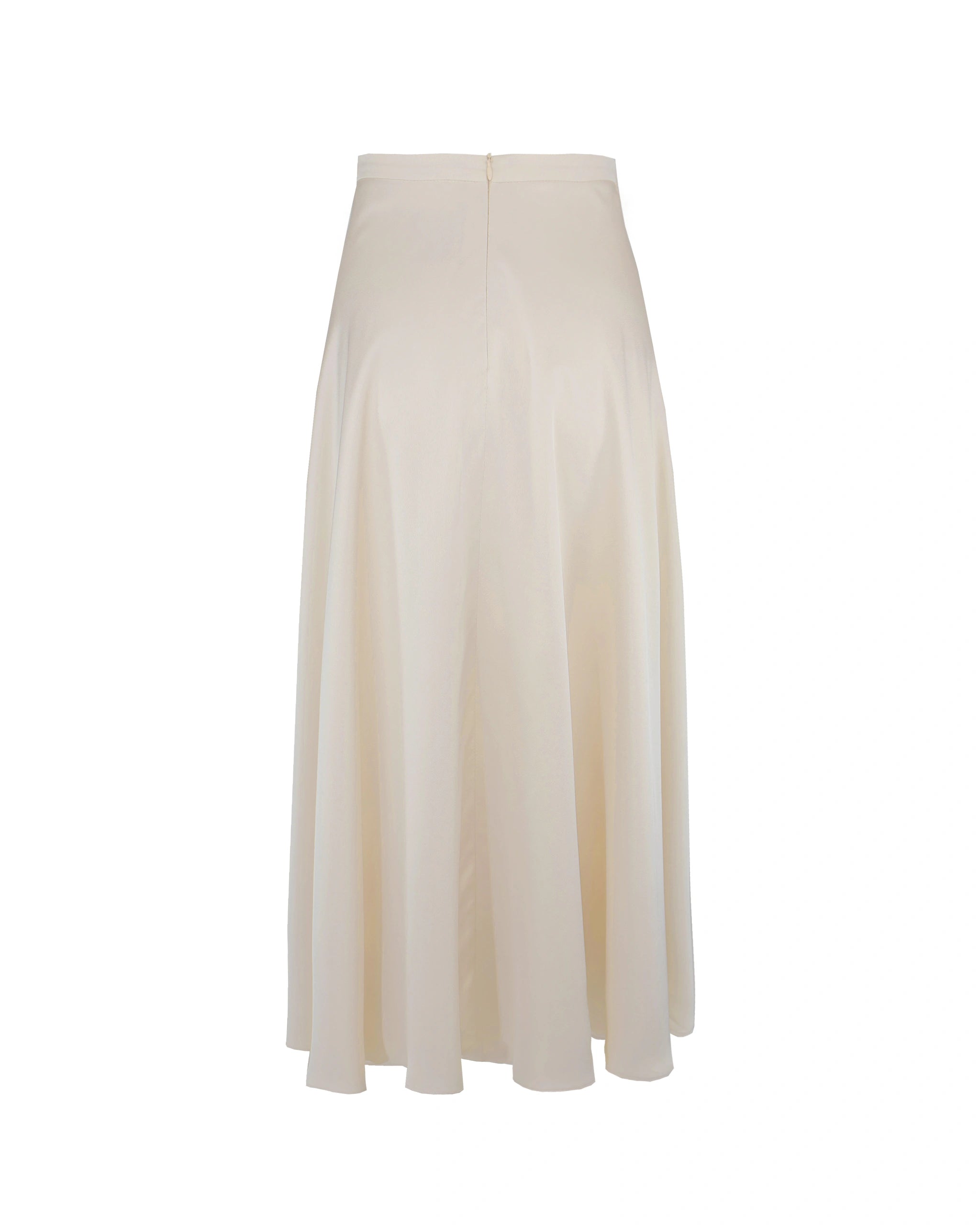 Wadenlanger Satinrock in champagne Freisteller hinten