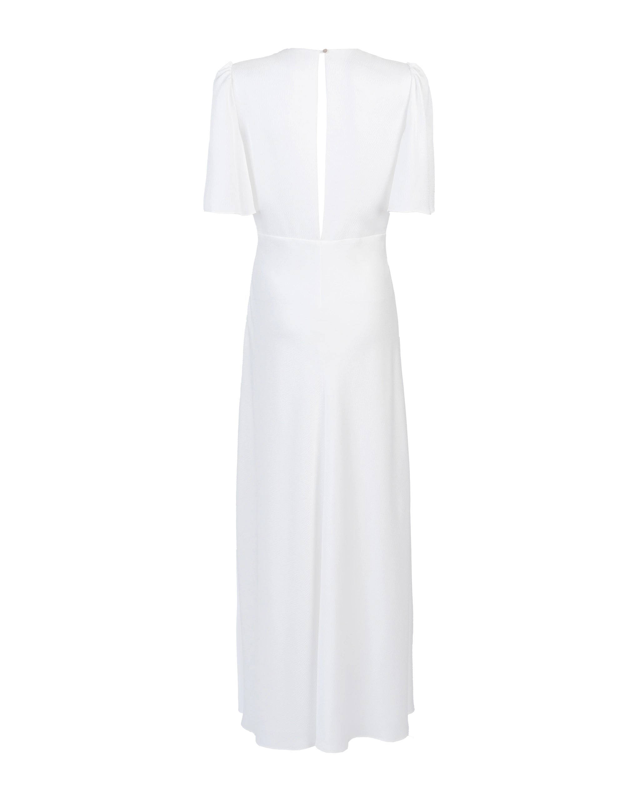 Bodenlanges Kurzarm Satin Brautkleid mit V-Ausschnitt Freisteller hinten