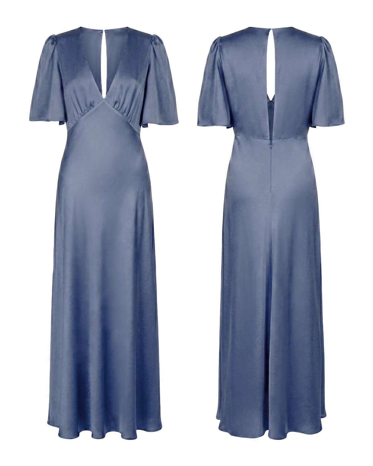 Bodenlanges Abendkleid in Blau mit V-Ausschnitt und kurzen Aermeln - Freisteller