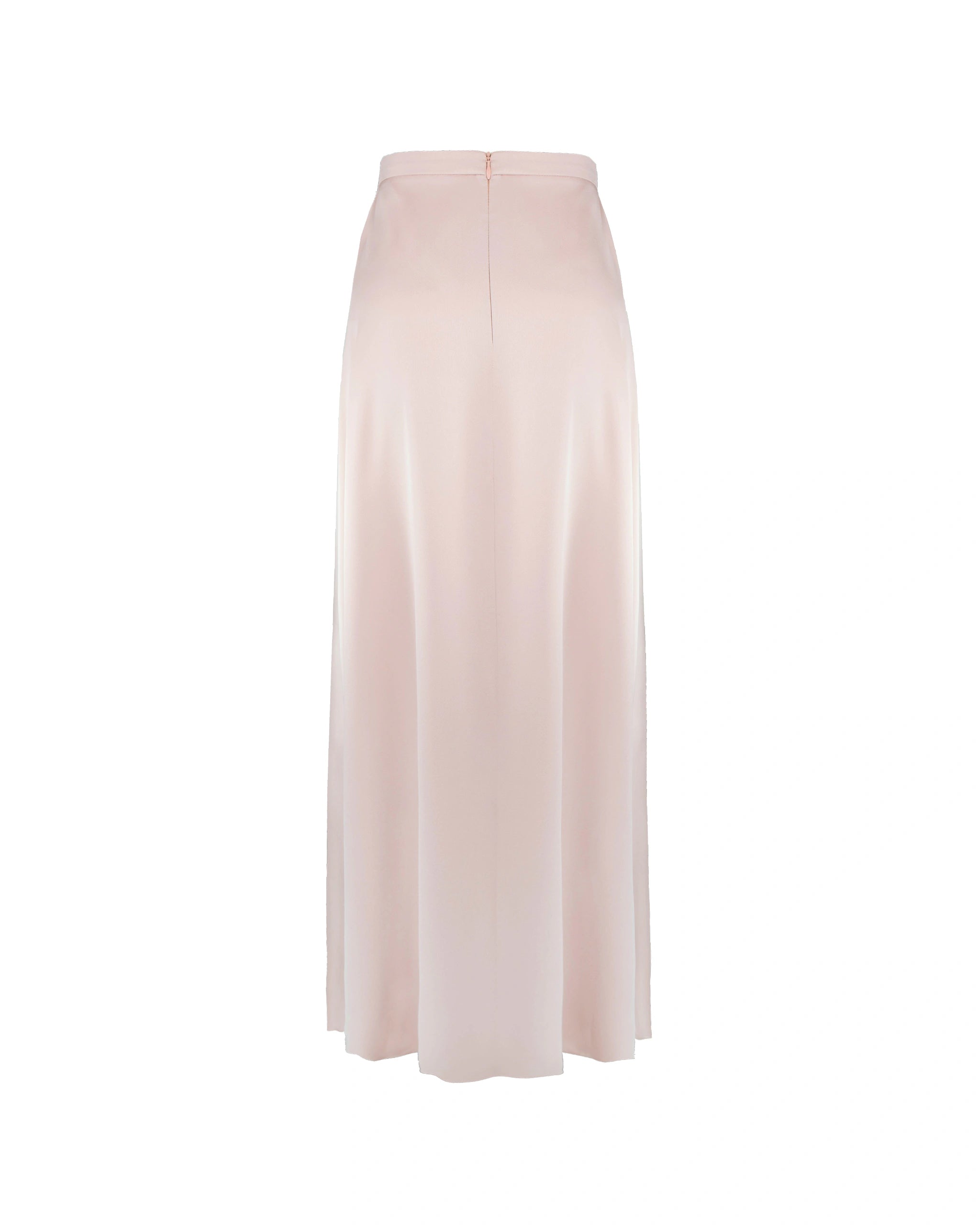 Bodenlanger Satinrock mit Schlitz in rosa Freisteller hinten