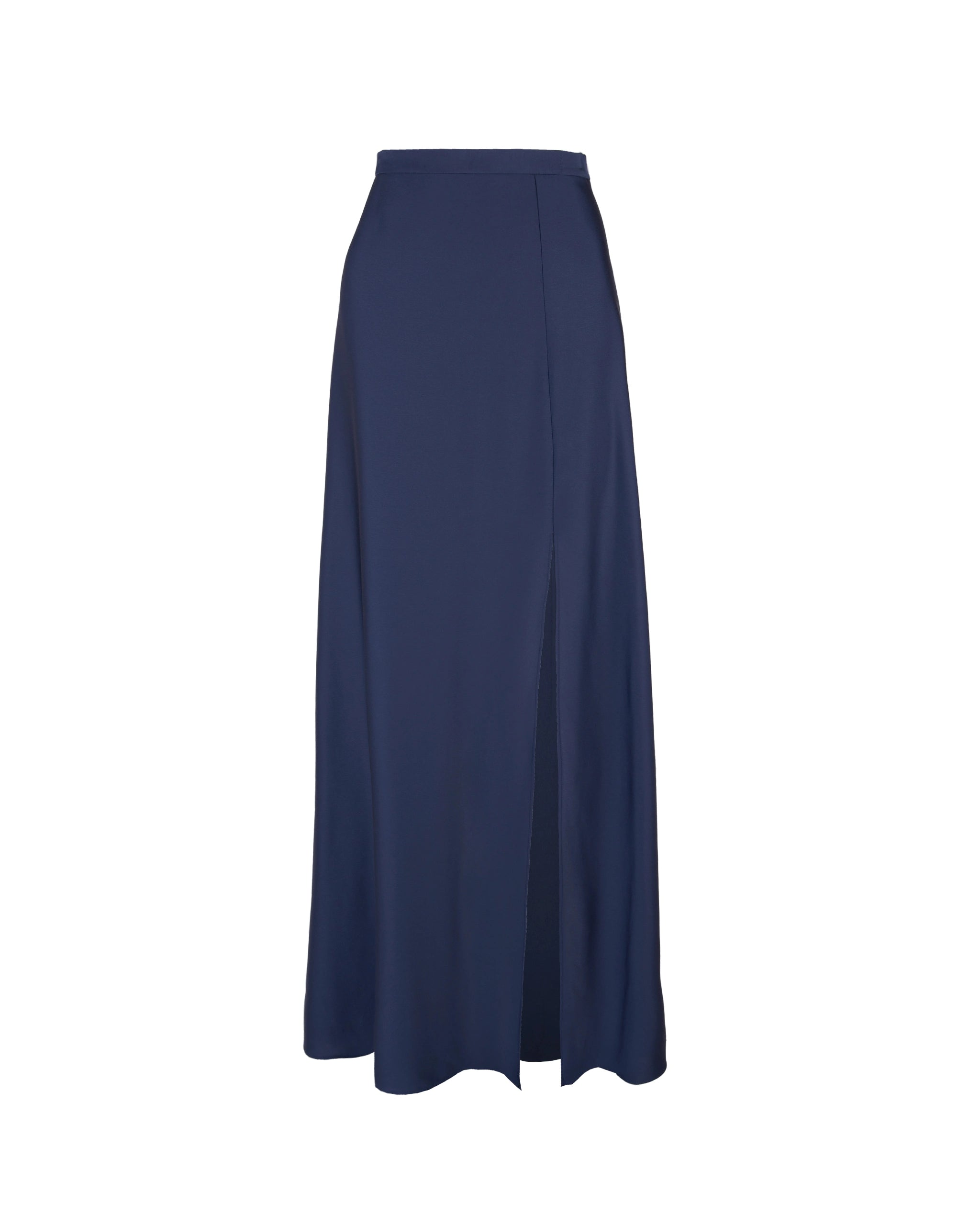Bodenlanger Satinrock mit Schlitz in dunkelblau Freisteller vorne