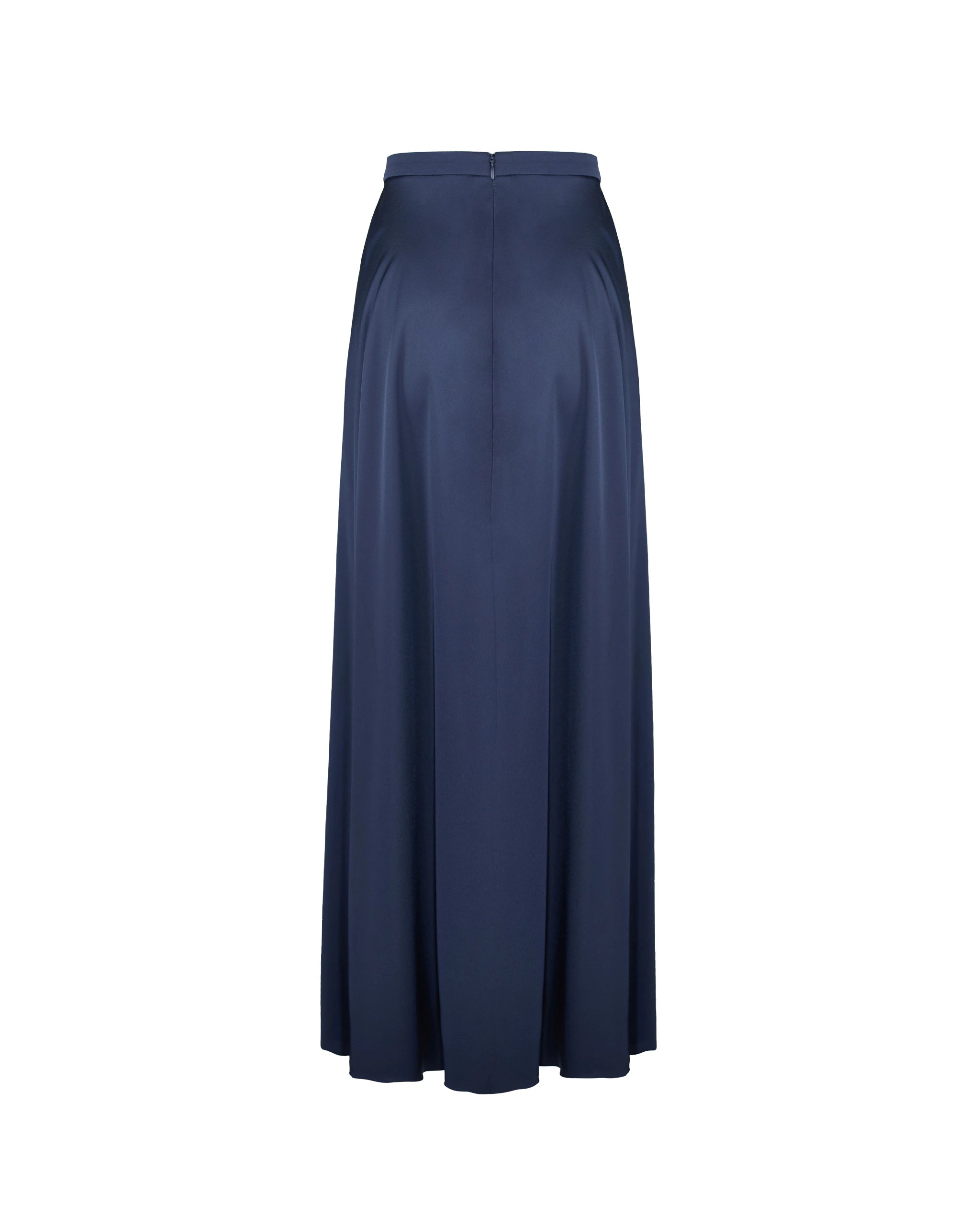Bodenlanger Satinrock mit Schlitz in dunkelblau Freisteller hinten