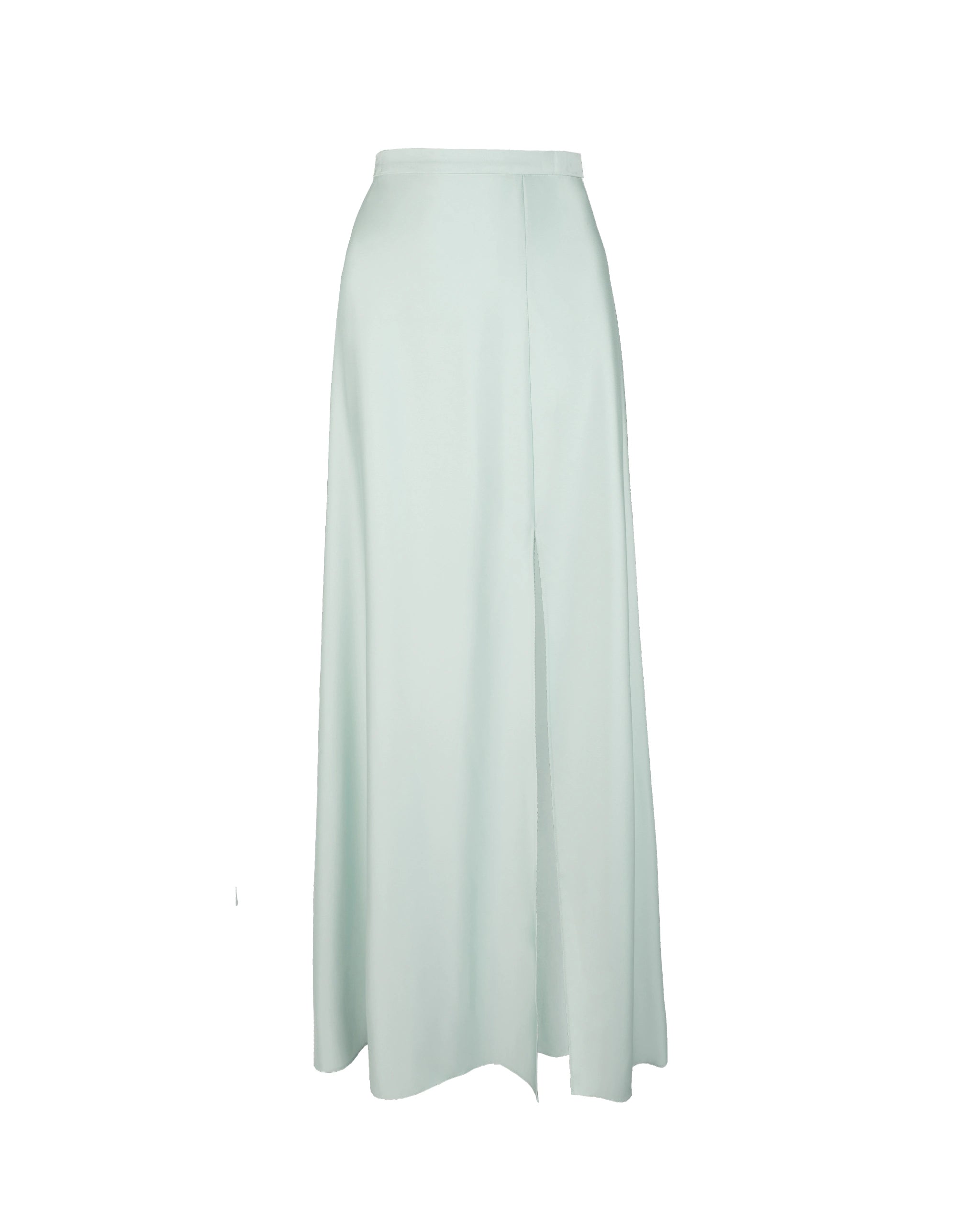 Bodenlanger Satinrock mit Schlitz in salbeigrün Freisteller vorne