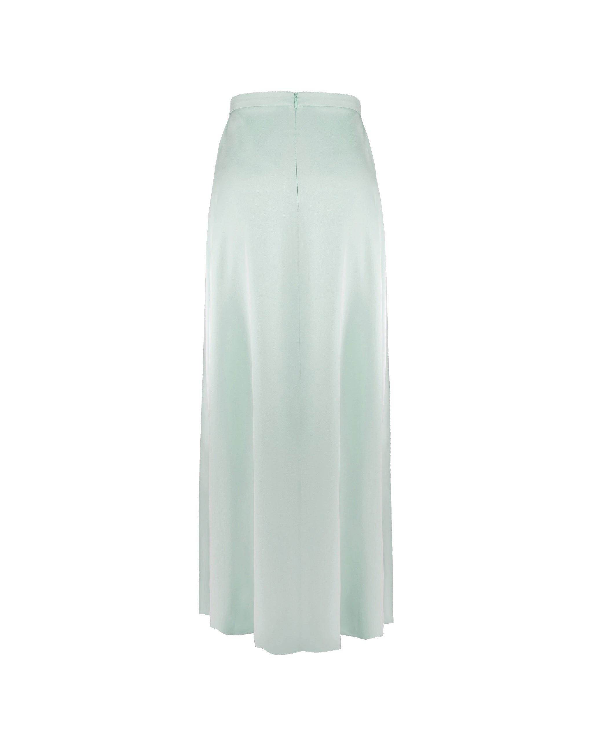 Bodenlanger Satinrock mit Schlitz in salbeigrün Freisteller hinten