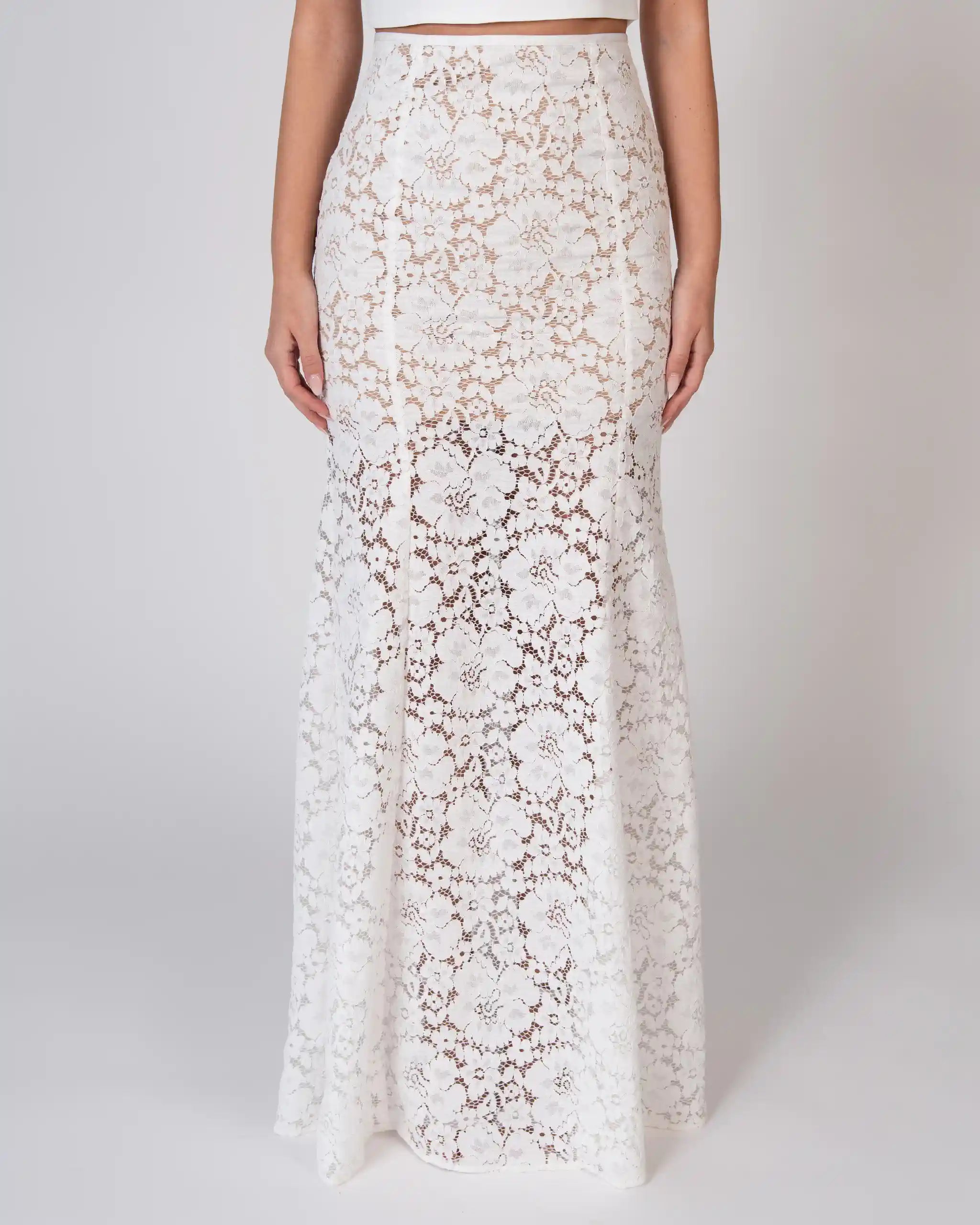 Moderner Bautkleid Zweiteiler bodenlanger Spitzenrock im Fit and-Flare Schnitt modernes Crop Top ivory - Detailansicht