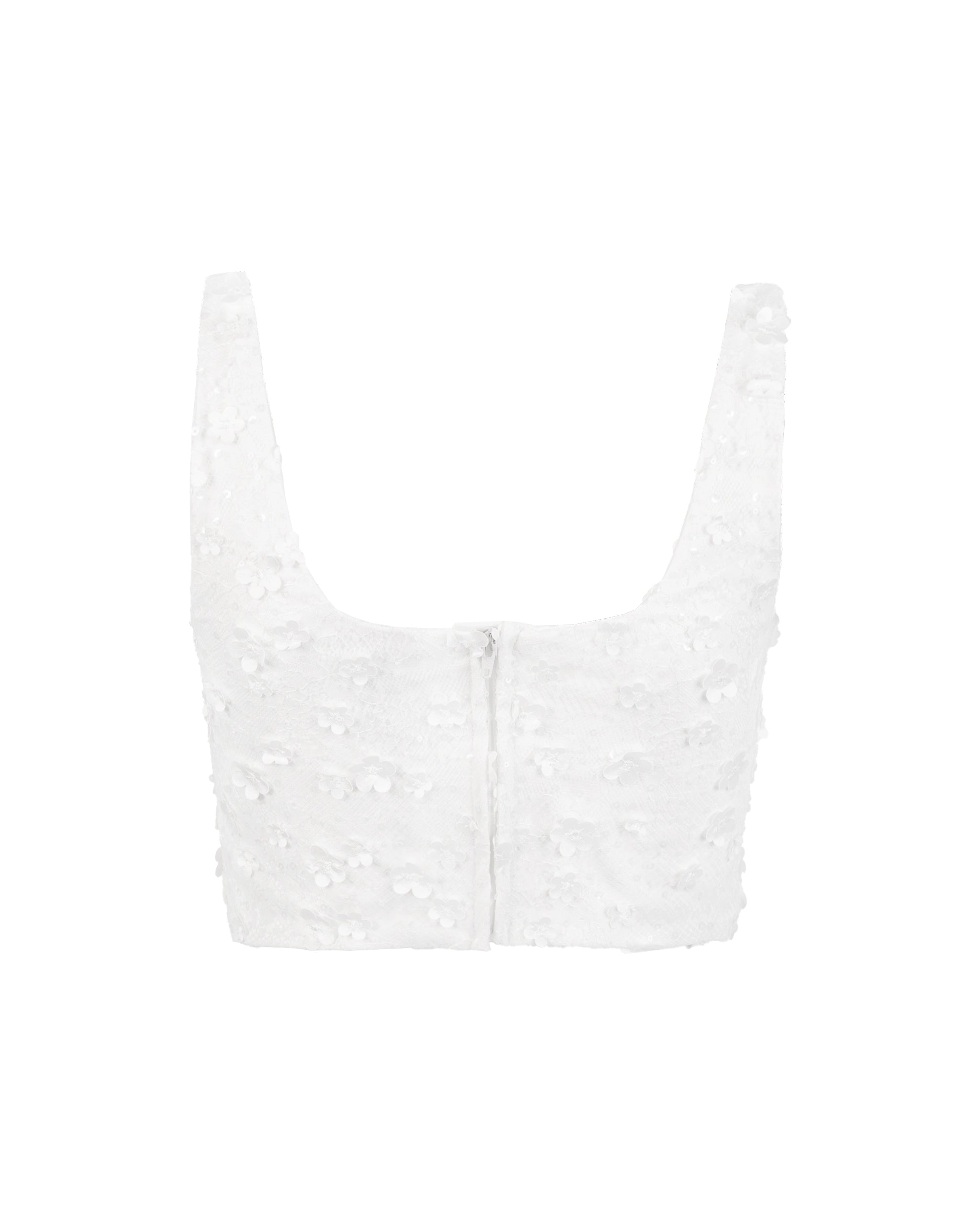 Braut Crop Top mit Karree-Ausschnitt und 3D-Blüten Freisteller hinten