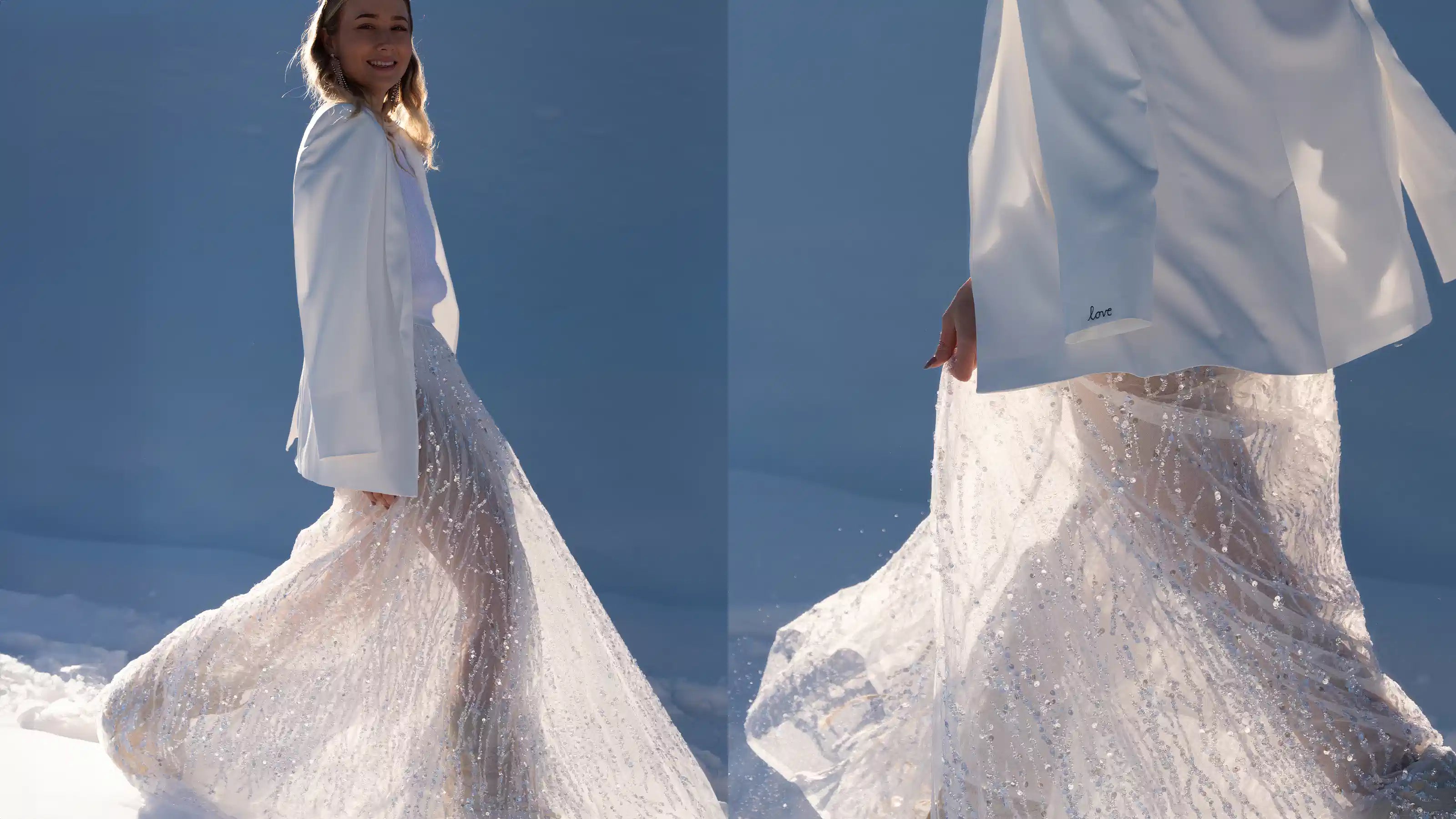 Modernes Brautkleid mit Glitzerrock und Brautblazer Winterhochzeit