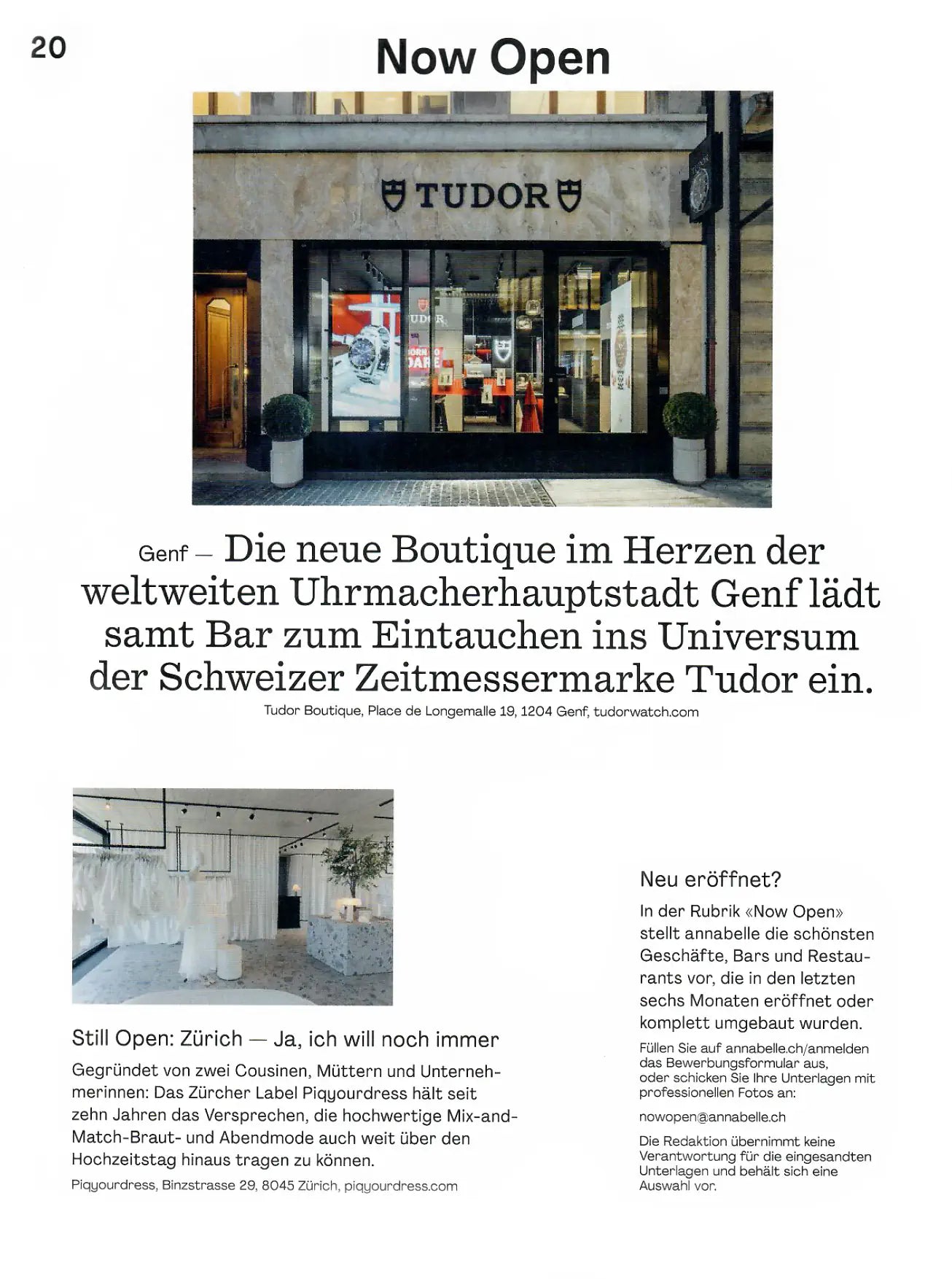 Presseartikel im annabelle Magazin über den Showroom in Zürich von Piqyourdress