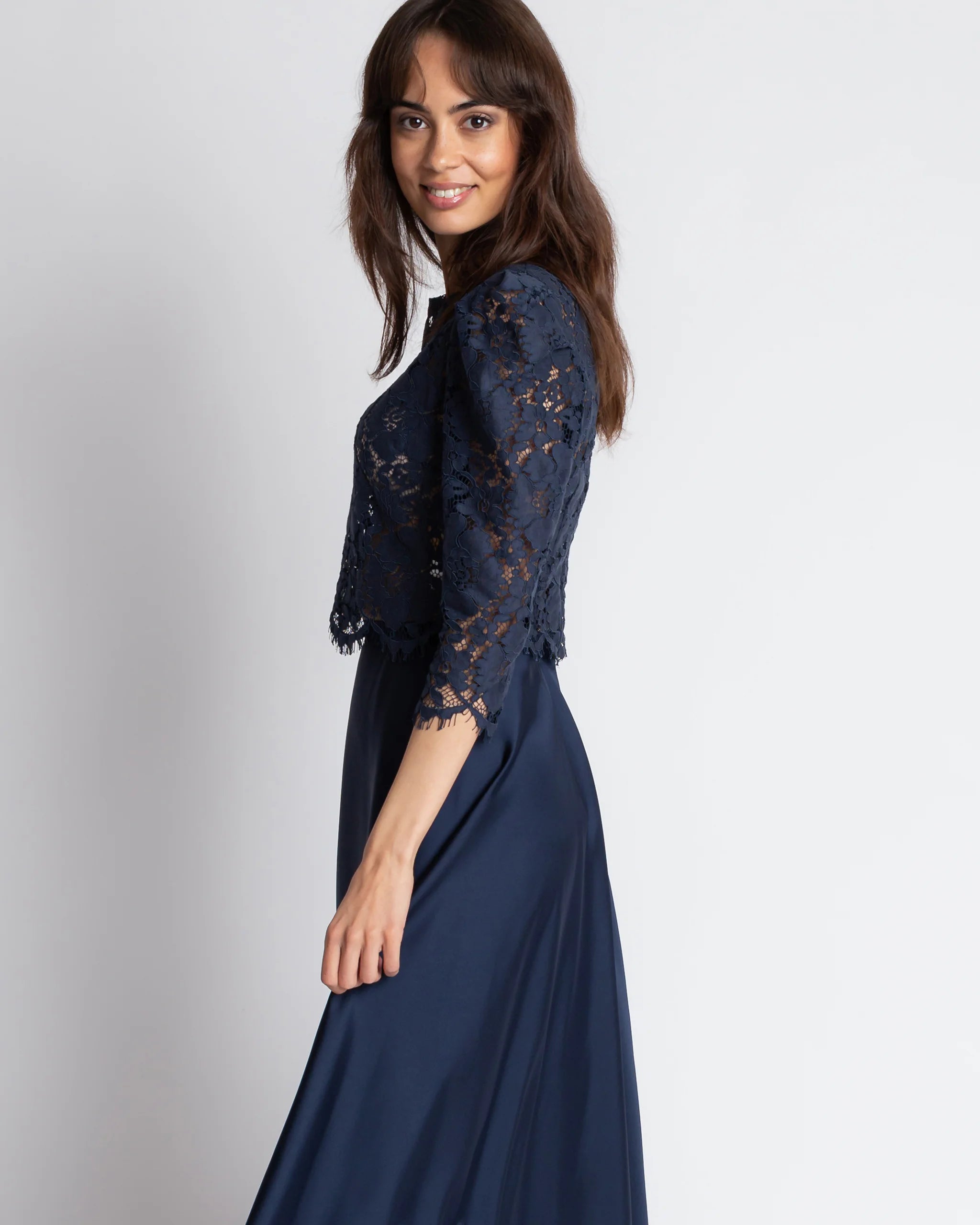 Vintage Spitzentop mit 3/4 Ärmeln in dunkelblau Ansicht Seite