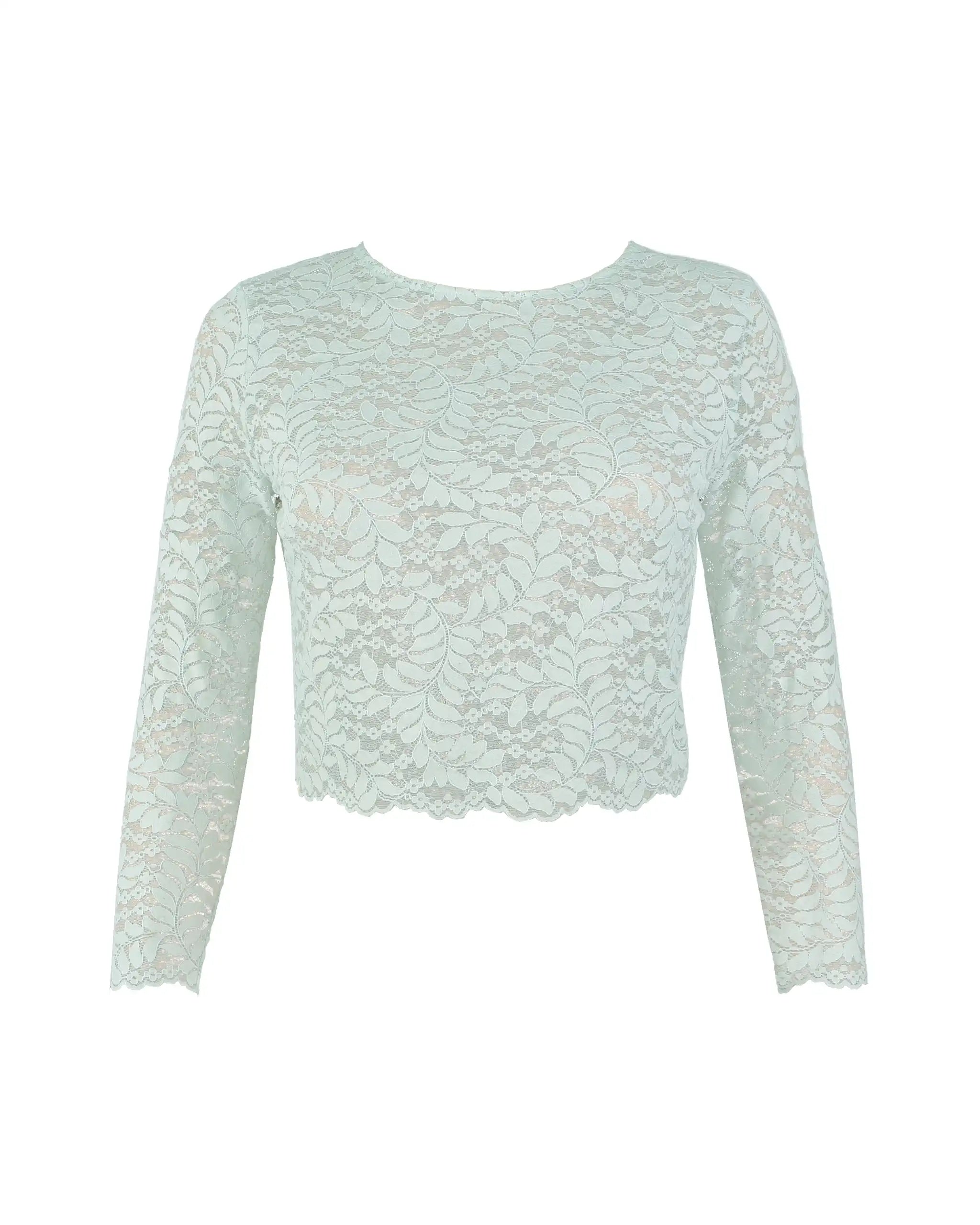 Crop Top aus floraler Spitze mit 3/4 Ärmeln in salbeigrün Freisteller vorne