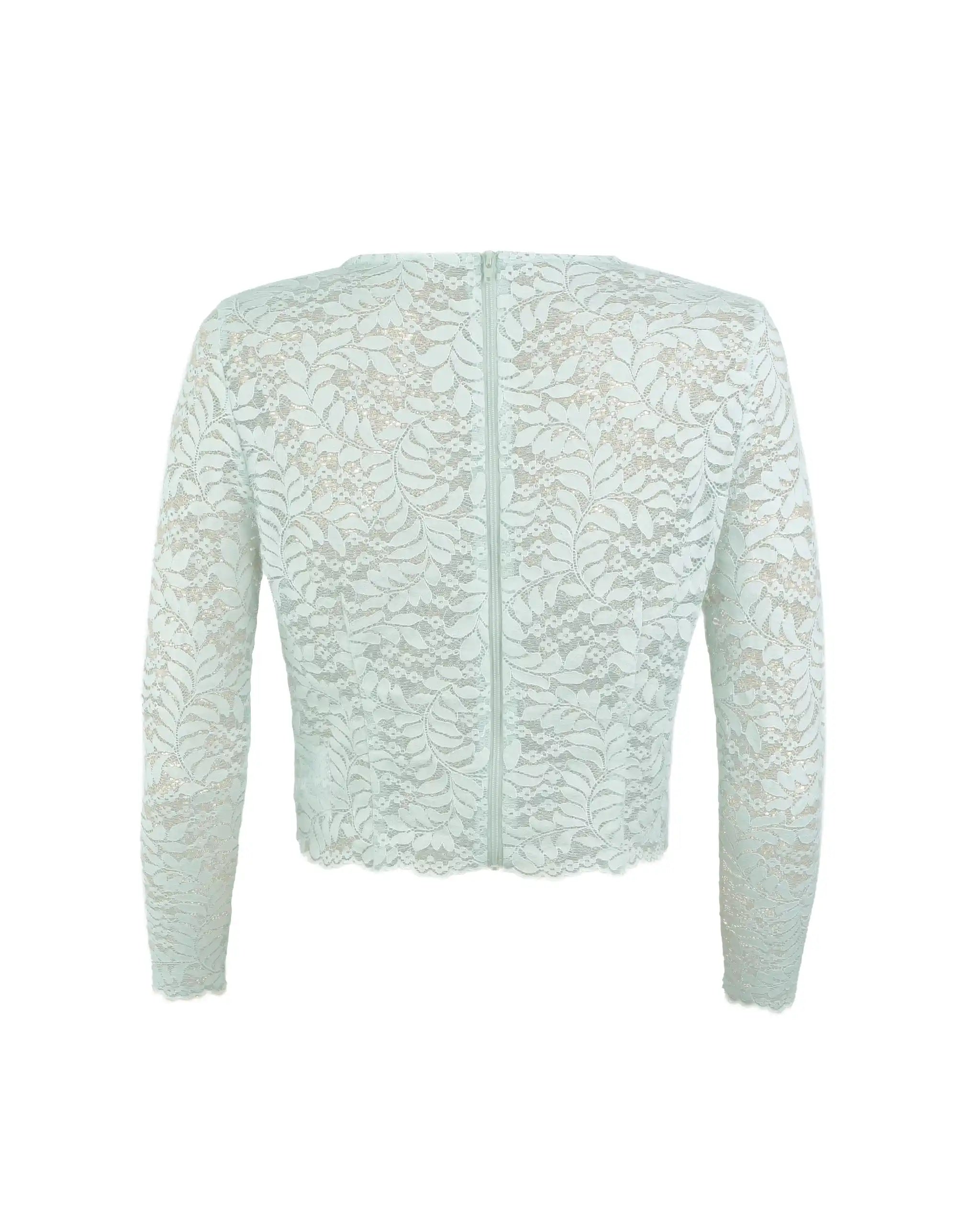 Crop Top aus floraler Spitze mit 3/4 Ärmeln in salbeigrün Freisteller hinten