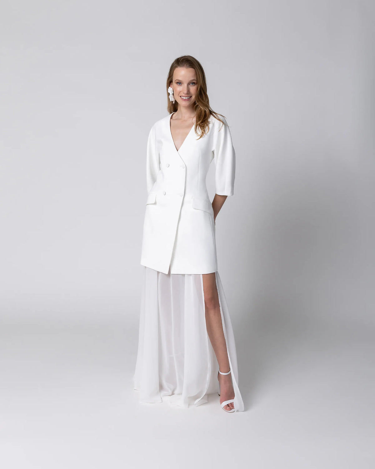 Standesamtkleid mit Blazerkleid und transparentem Chiffon Brautrock in Ivory Ansicht vorne