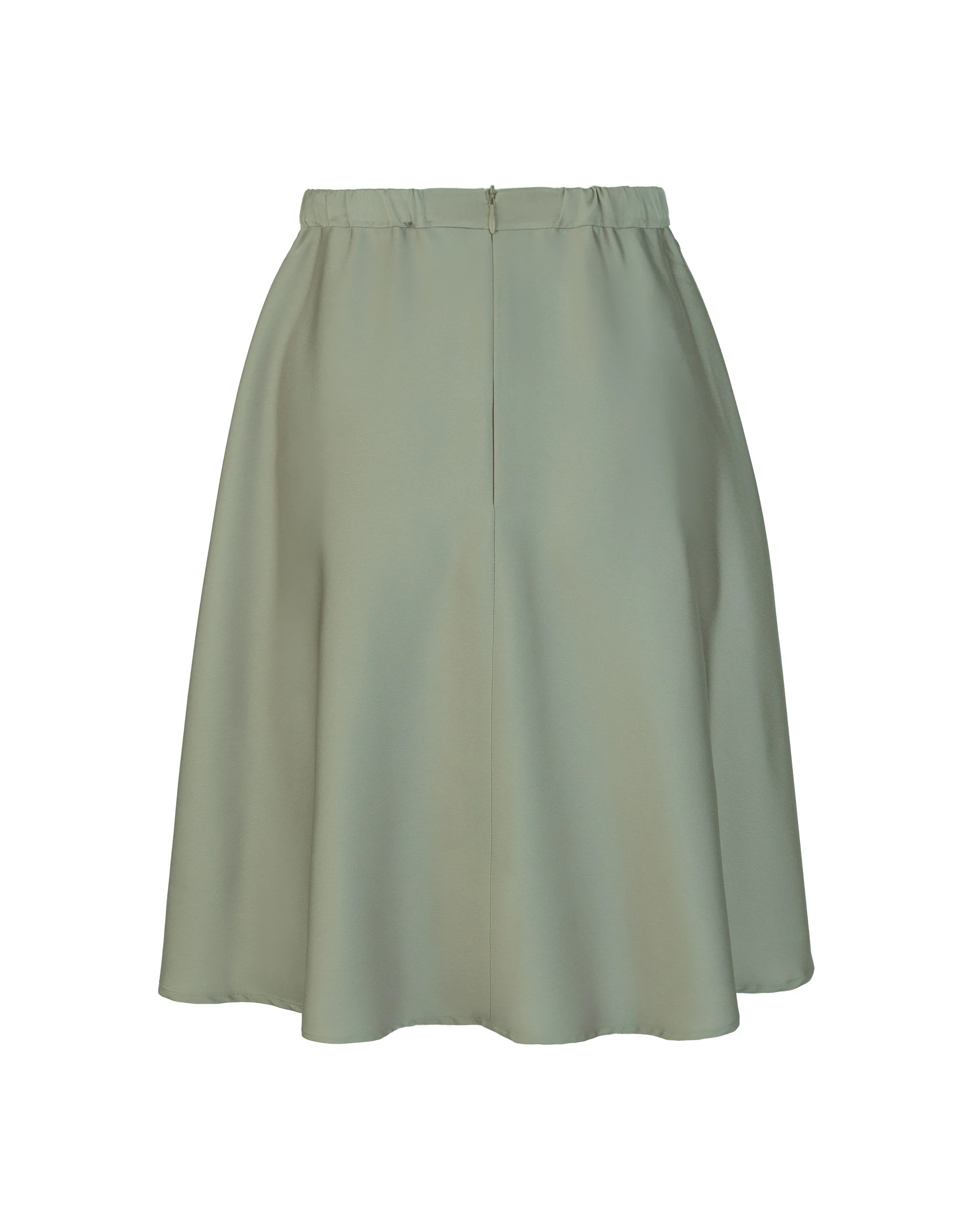 Kurzer Mini Satinrock in olivgrün Freisteller hinten