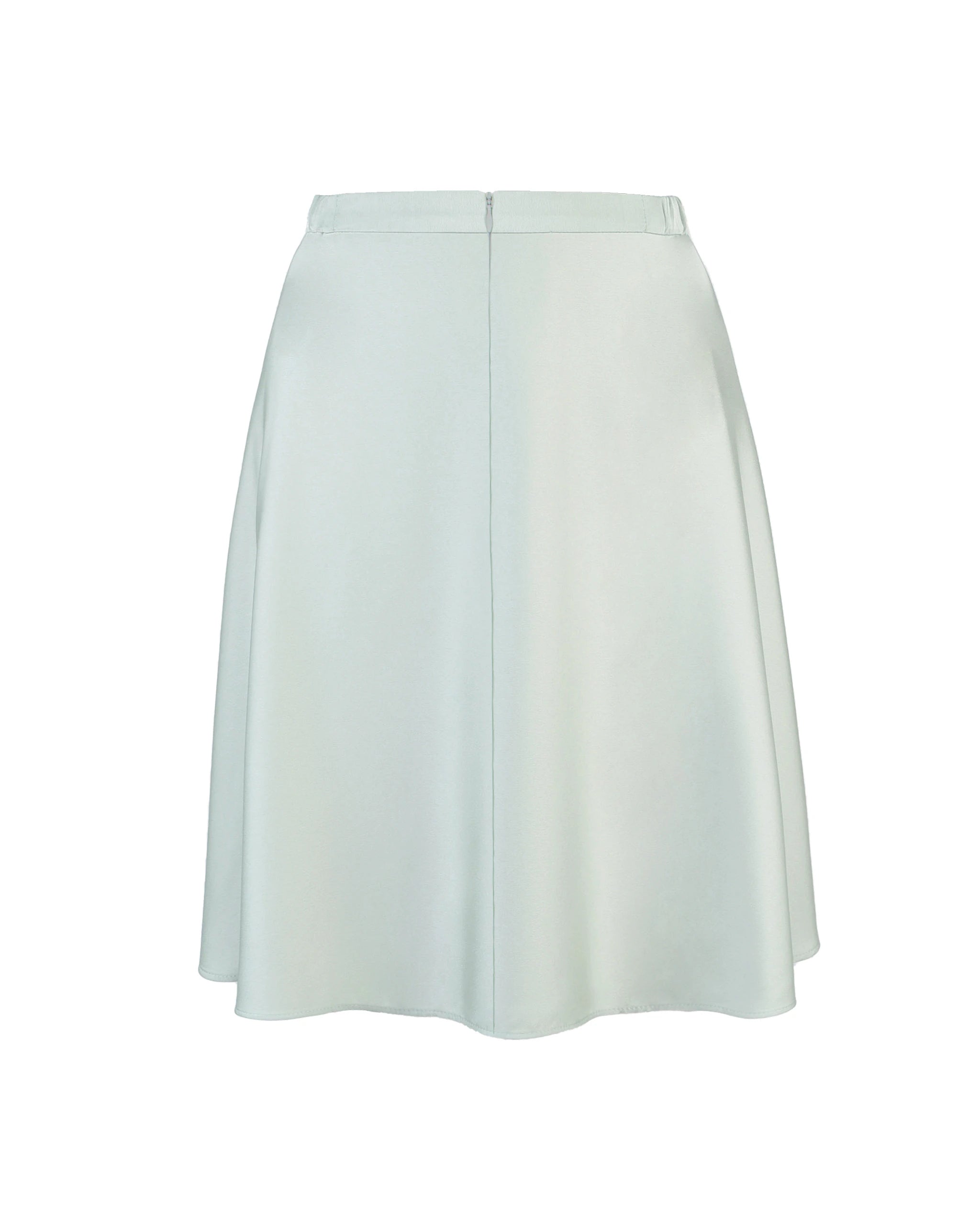 Kurzer Mini Satinrock in salbeigrün Freisteller hinten