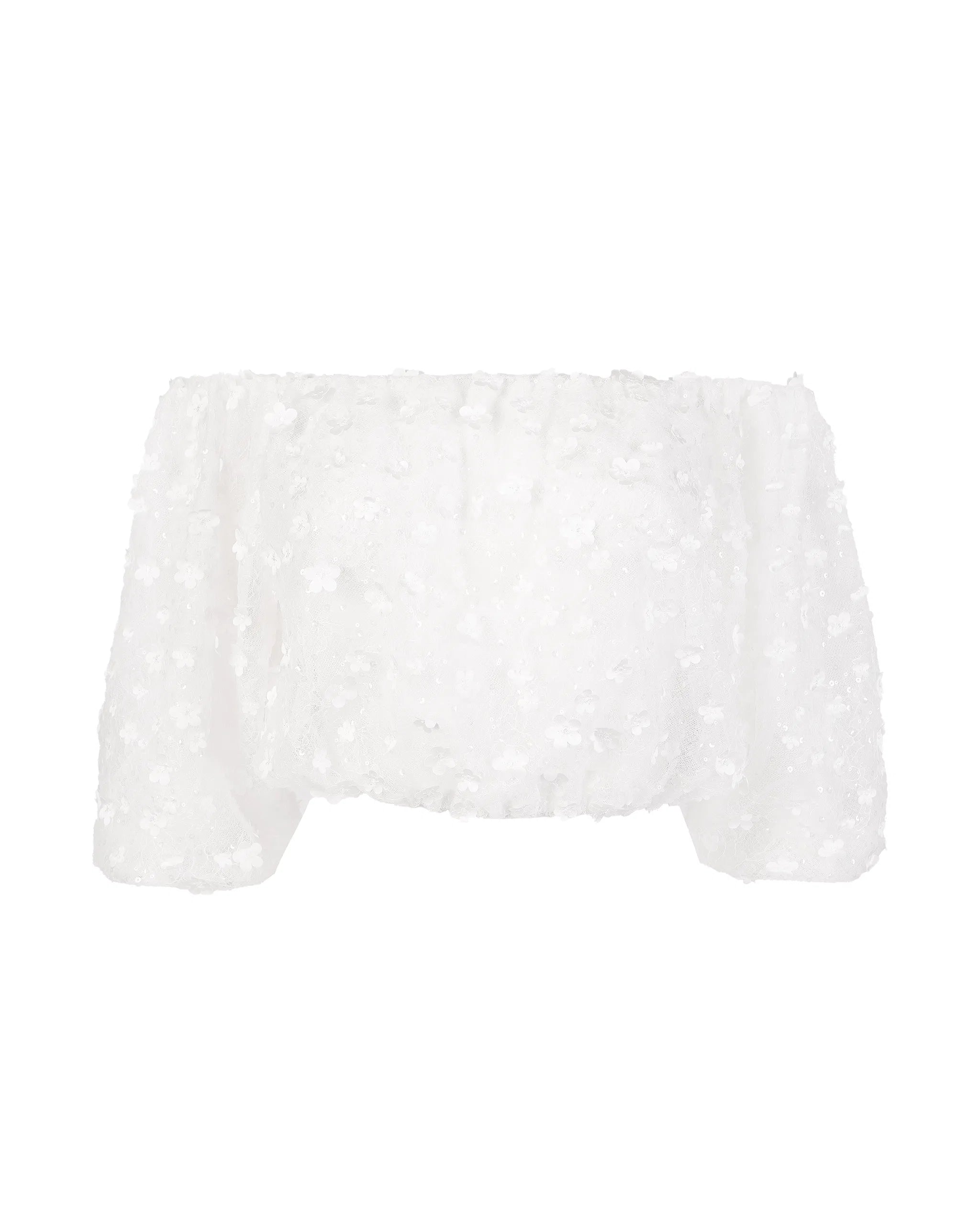 Off-Shoulder Tüll Braut Top mit Blüten und Pailletten Freisteller vorne