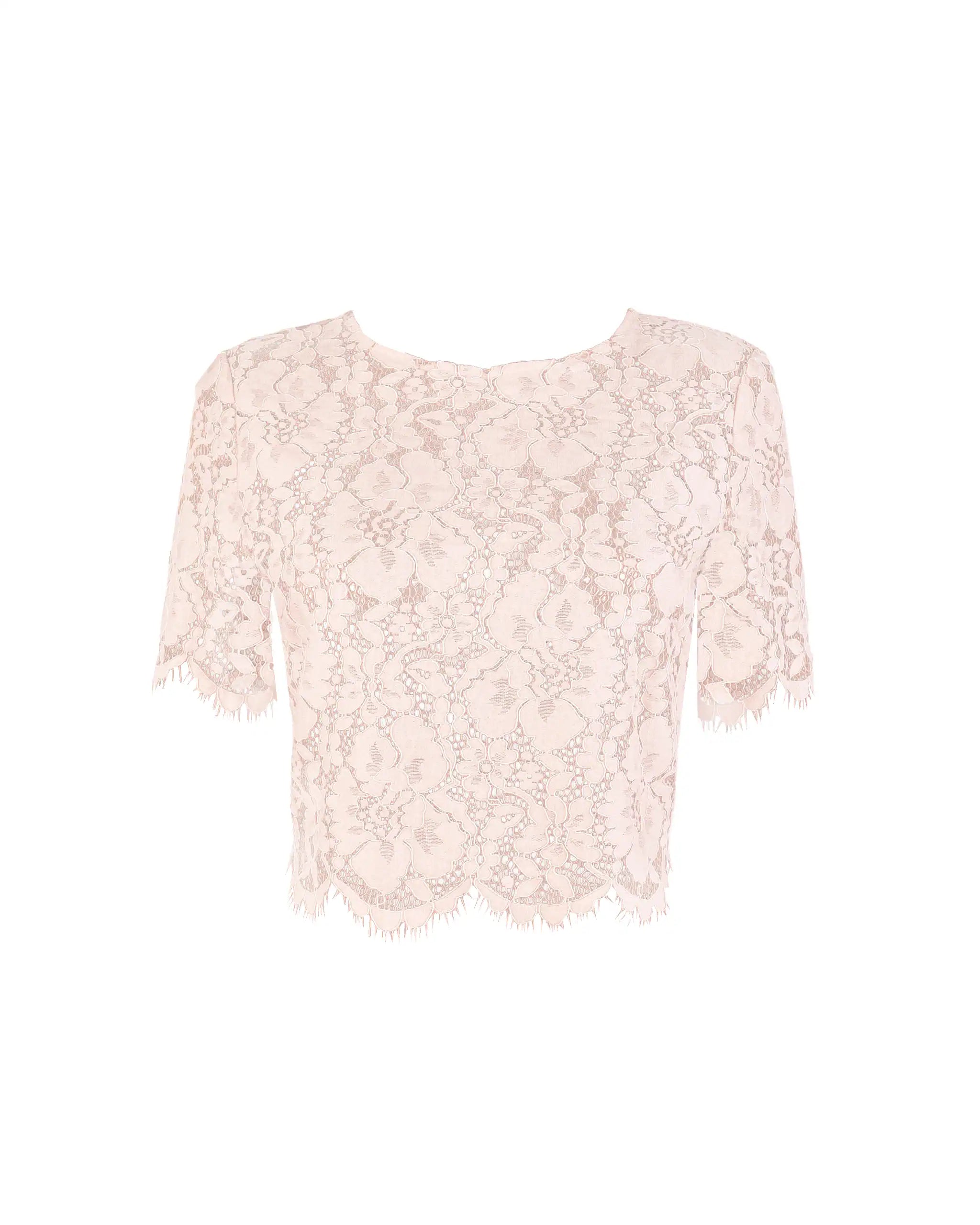 Kurzarm Crop Top aus Vintage Spitze in rosa Freisteller vorne