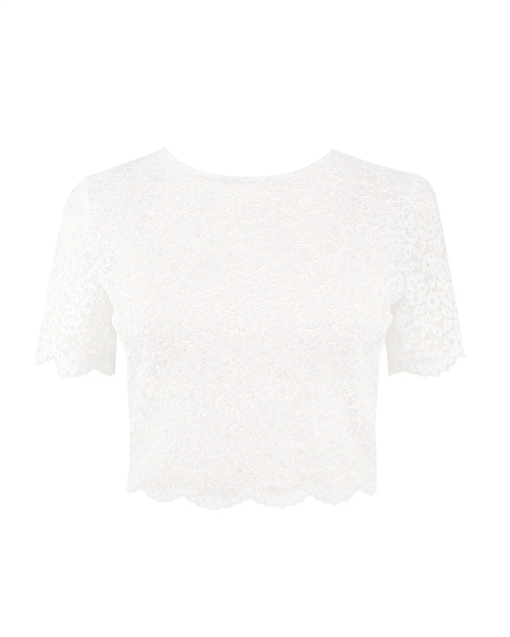 Kurzarm Braut Crop Top aus floraler Spitze Freisteller vorne