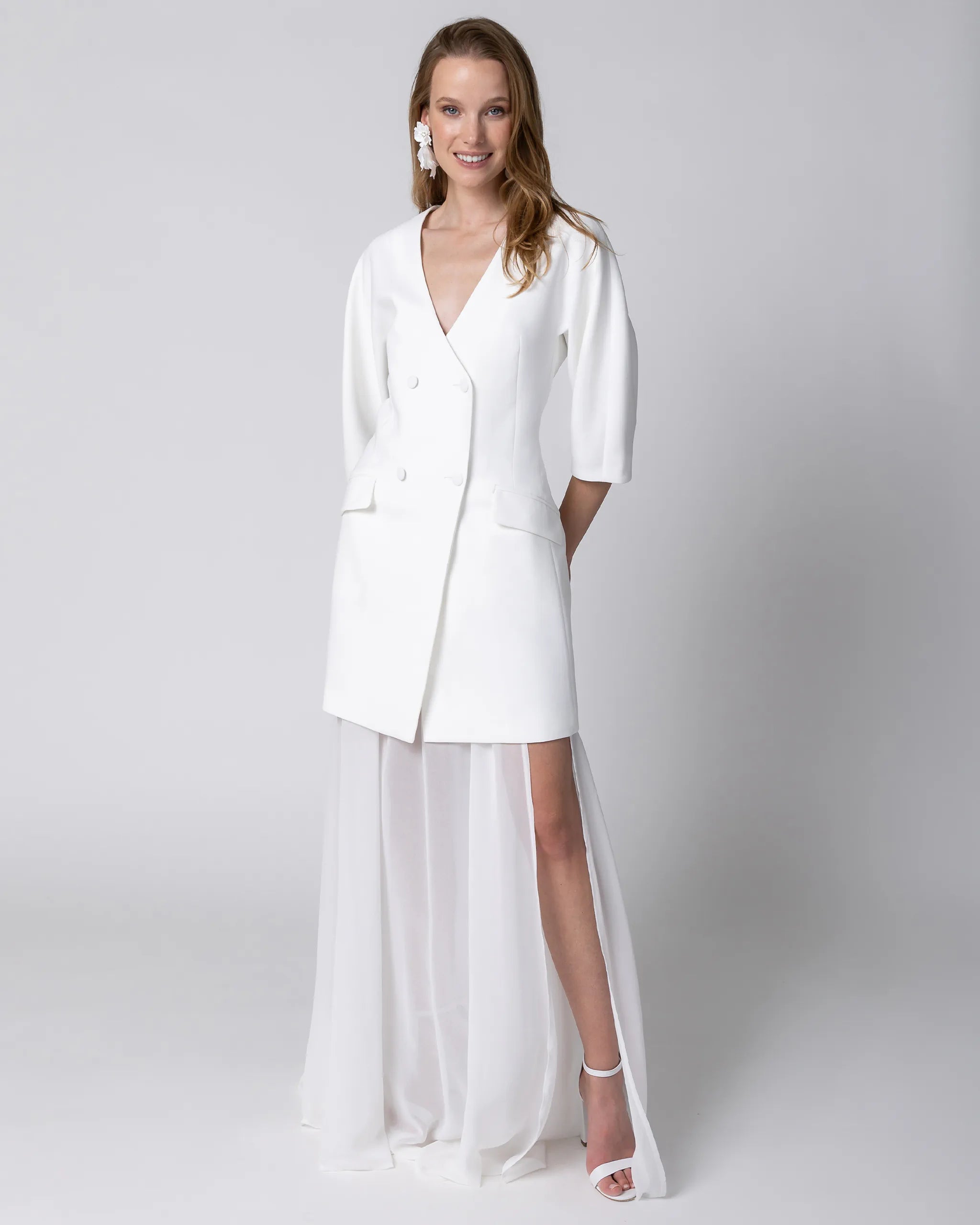 BRAUT BLAZERKLEID Ivory - Kurzes doppelreihiges Standesamtkleid mit Braut Unterrock aus Chiffon