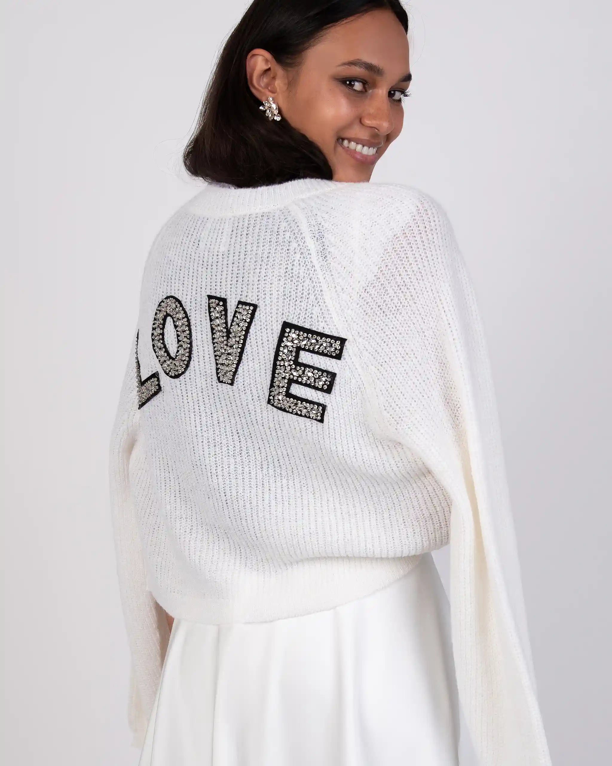 Braut Strickjacke mit funkelnder LOVE Aufschrift Ansicht hinten