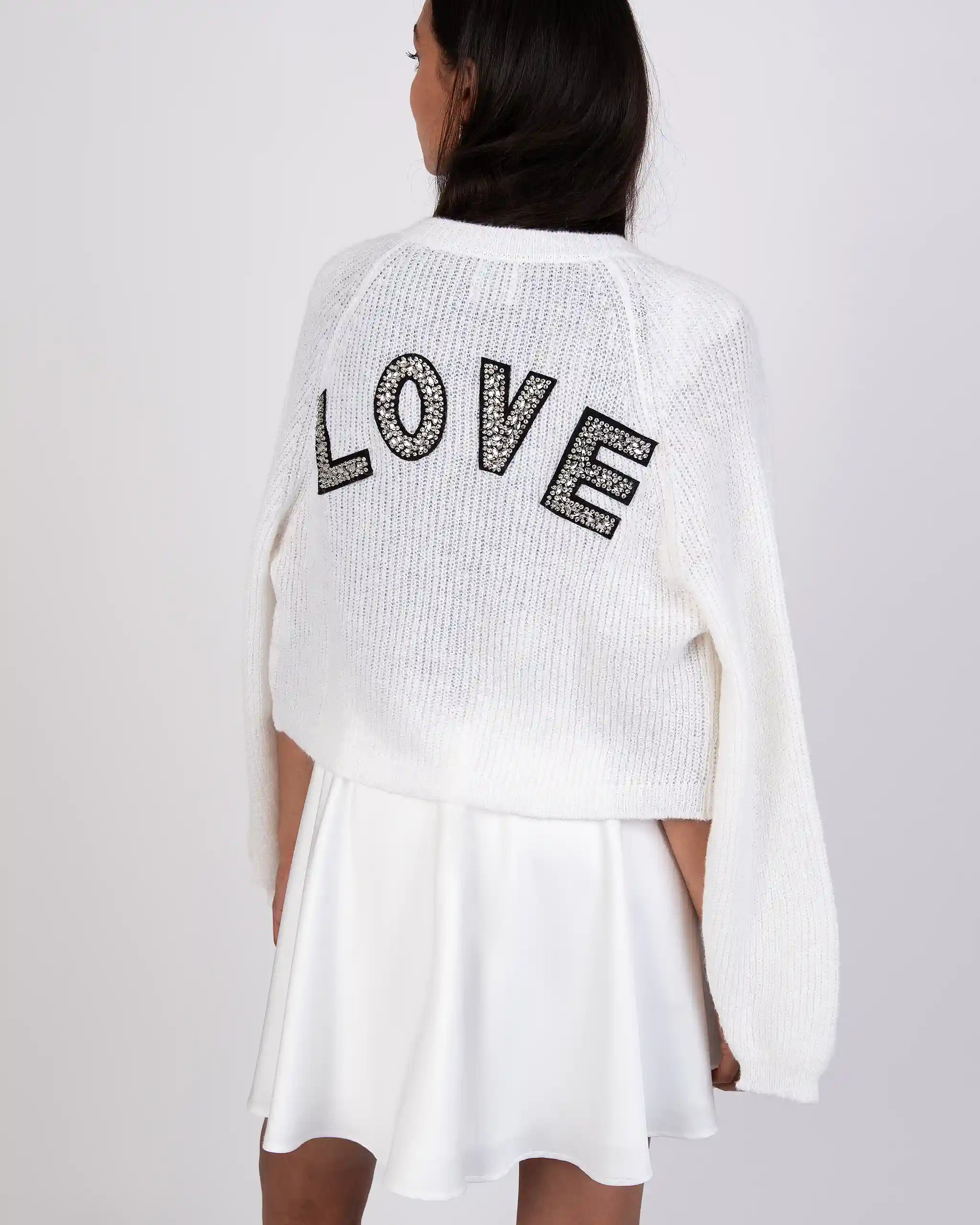 Braut Strickjacke mit funkelnder LOVE Aufschrift Ansicht hinten