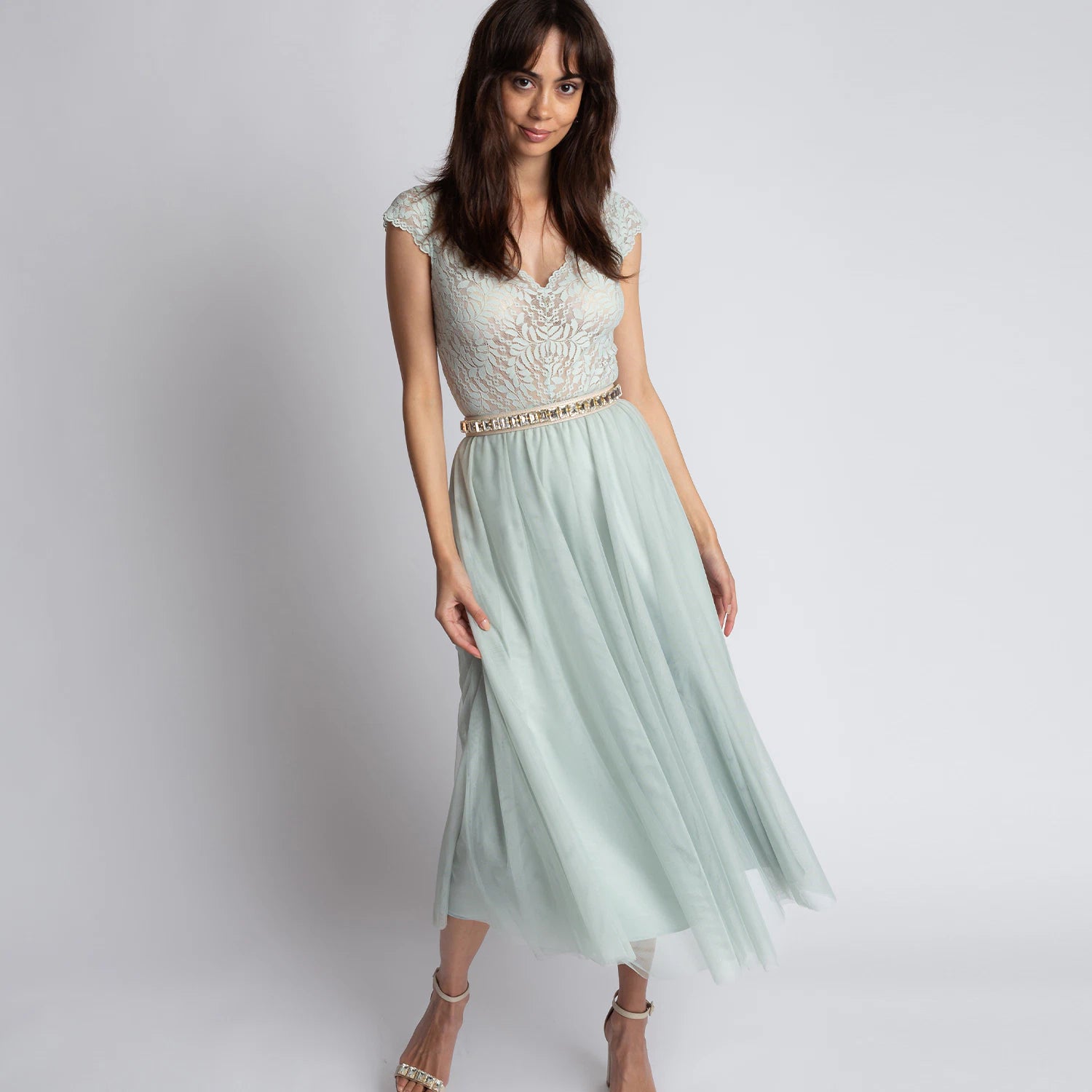 Brautjungfernkleid Zweiteiler mit Spitzenbody und Tüllrock Salbeigrün