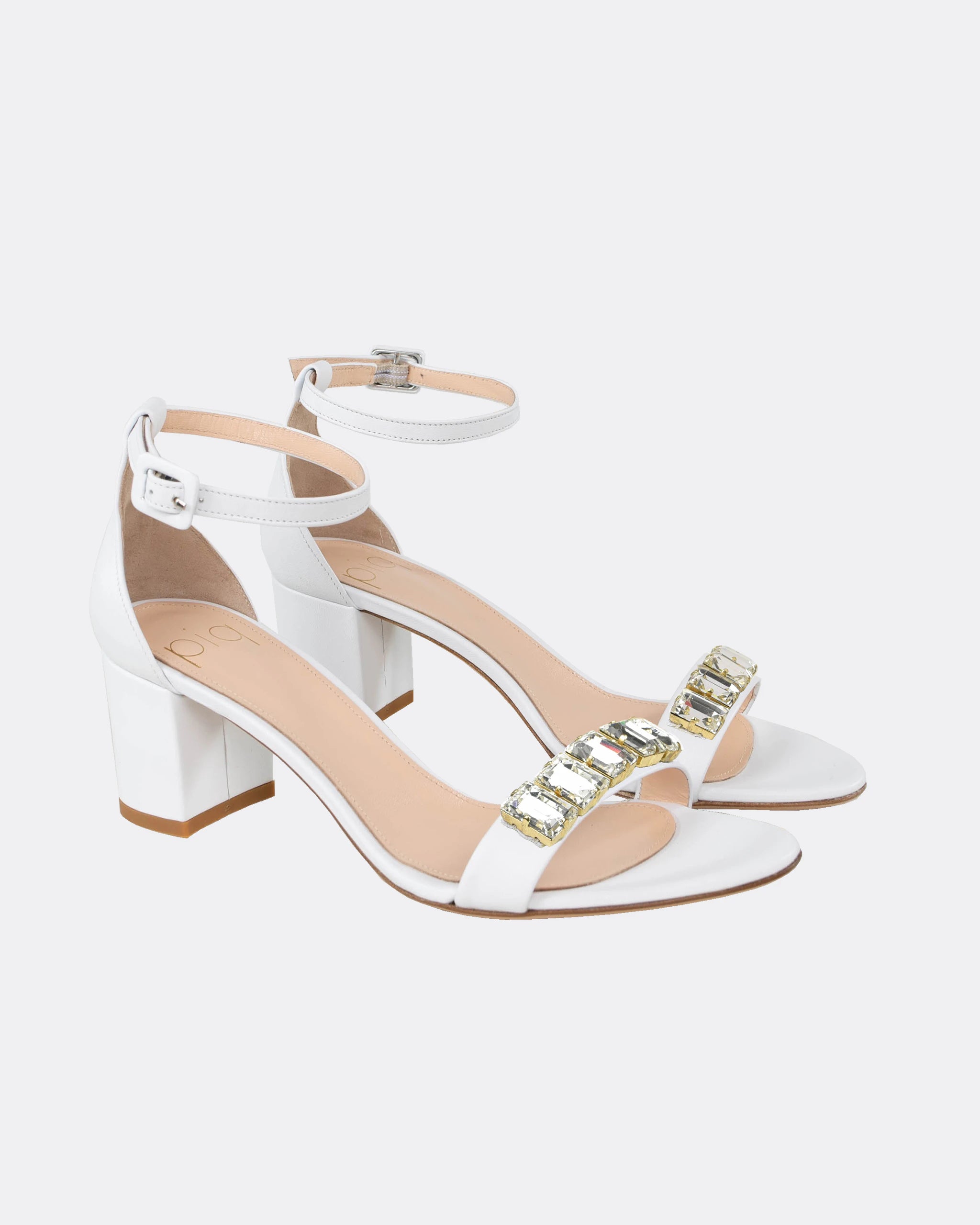 Sandalen mit 5cm Blockabsatz und Kristallen in Ivory Ansicht seitlich