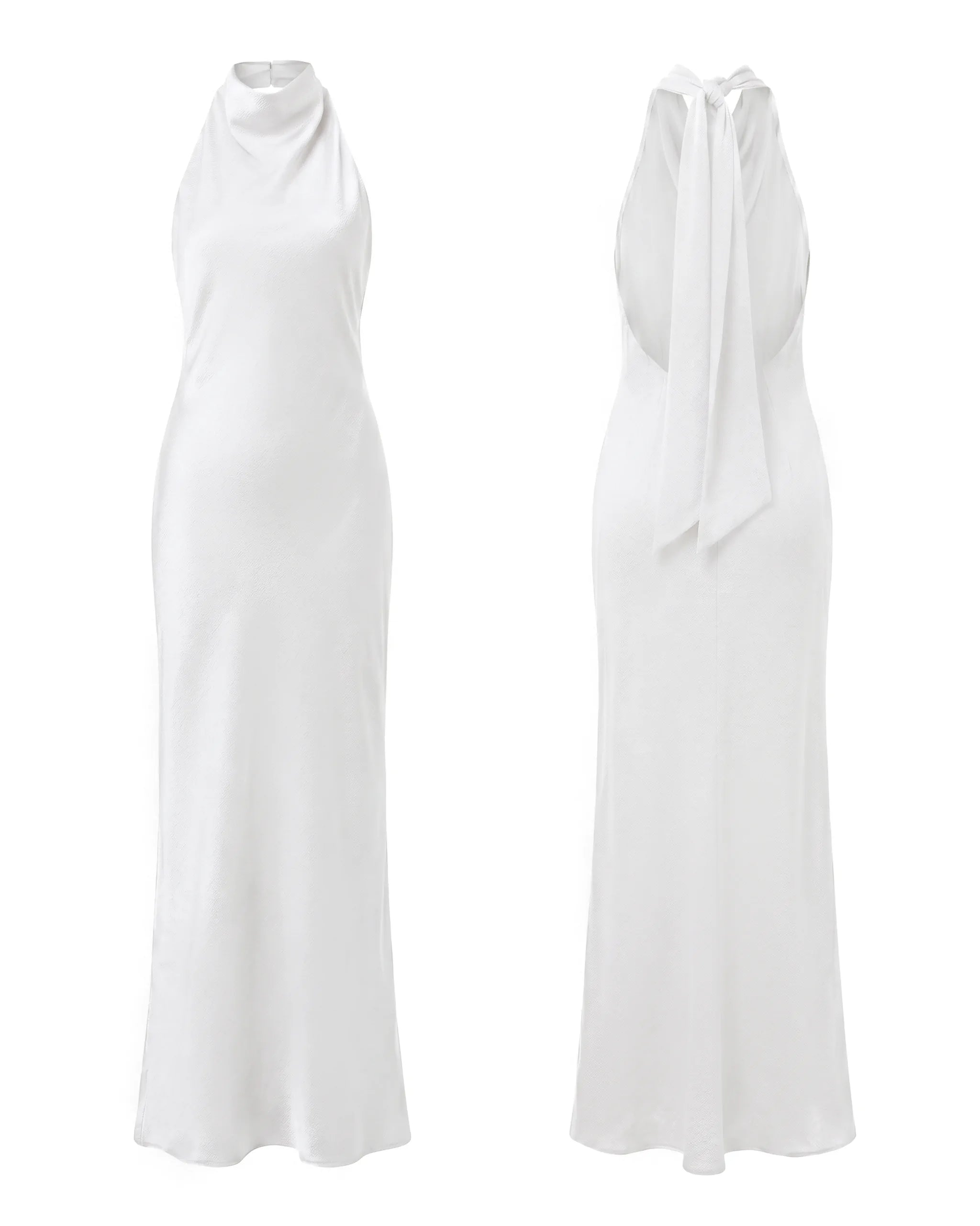 Rückenfreies Neckholder Hochzeitskleid aus Satin Freisteller vorne und hinten