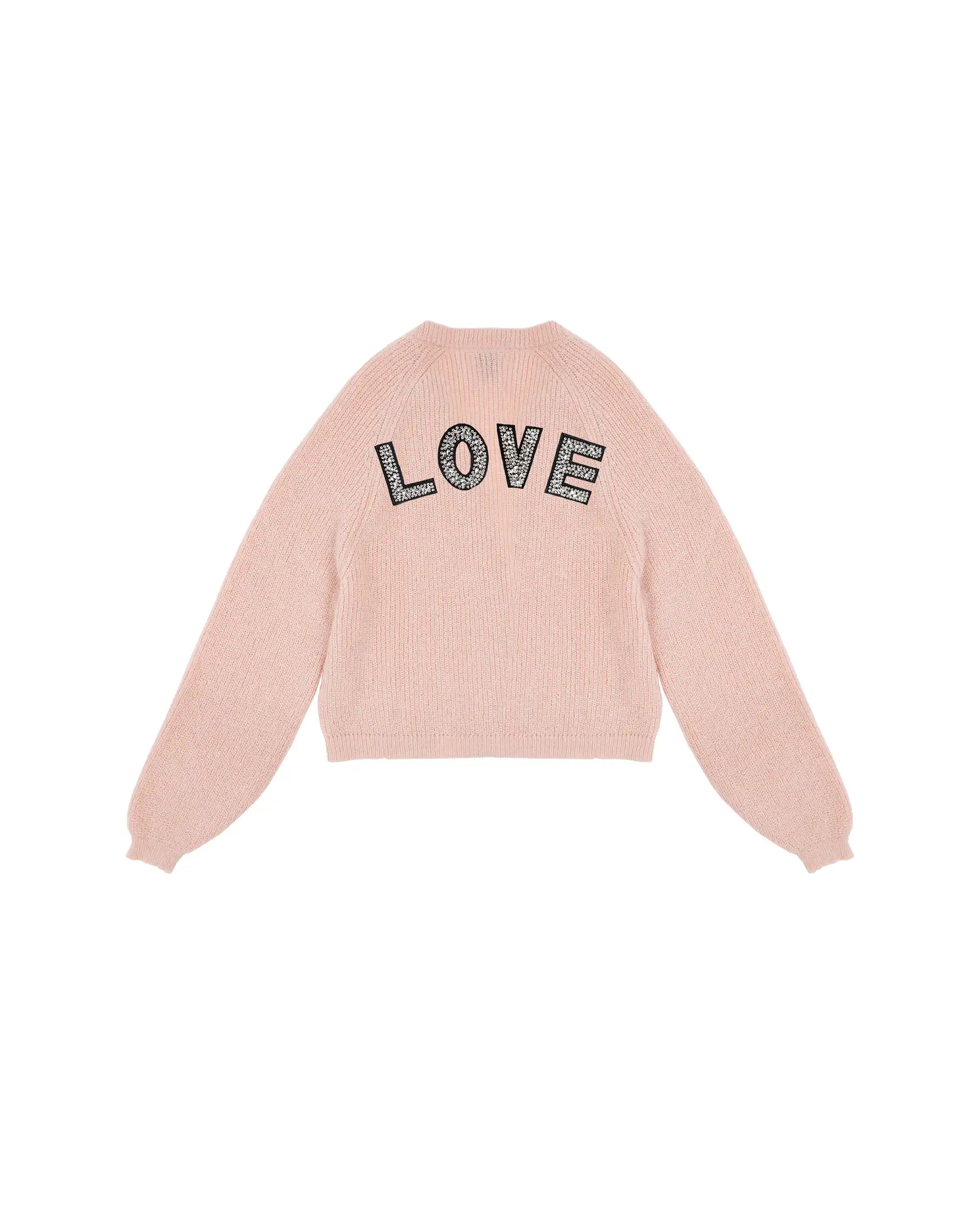 Kurze Strickjacke mit funkelnder LOVE Aufschrift in rosa Freisteller hinten