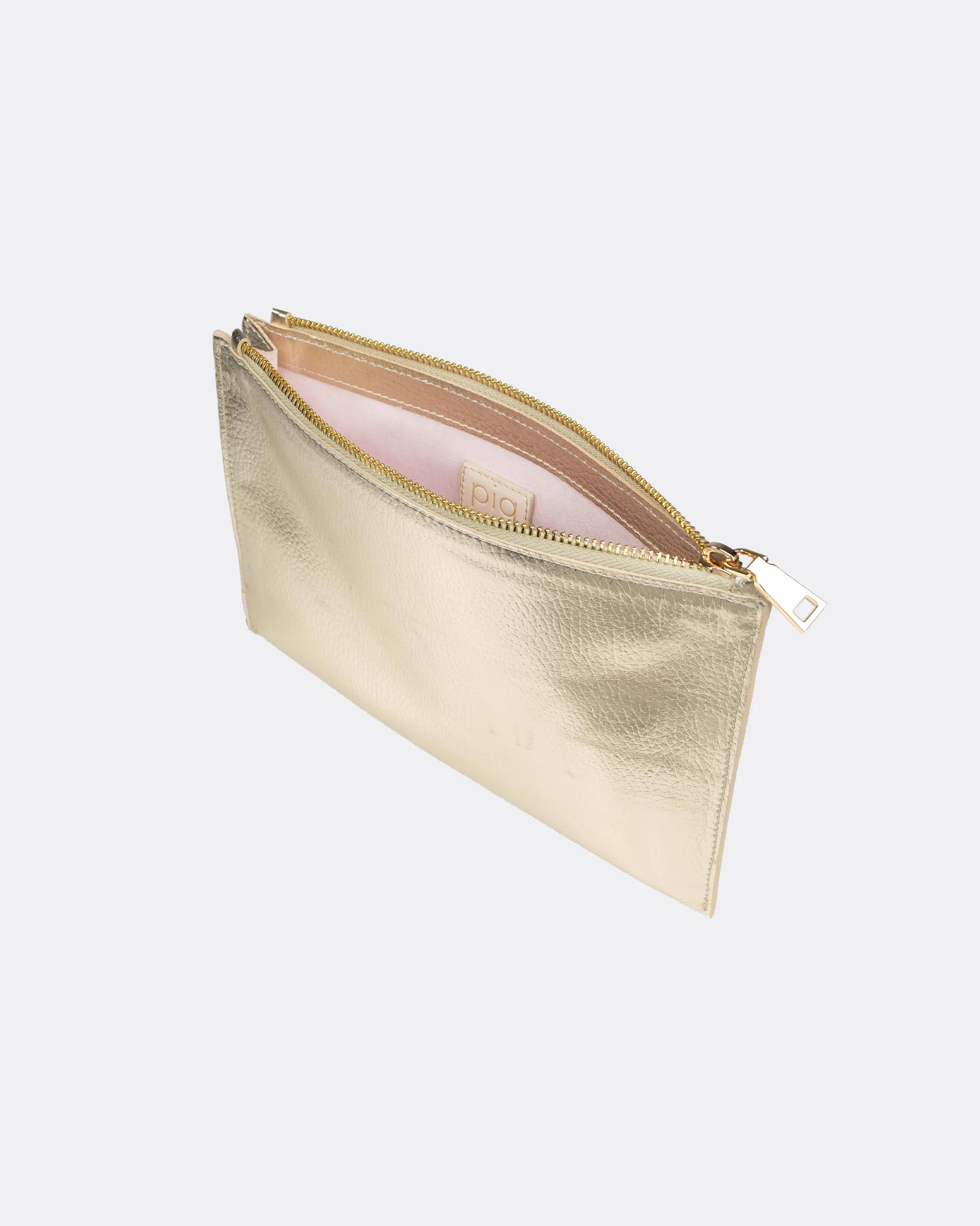 Clutch aus Leder Gold Metallic Ansicht offen seitlich