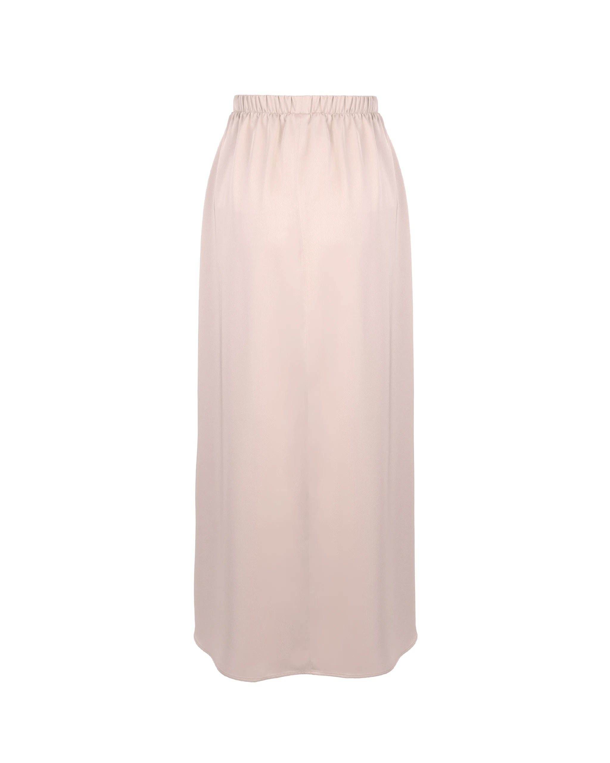 Wadenlanger Satinrock mit Schlitz in rosa Freisteller hinten