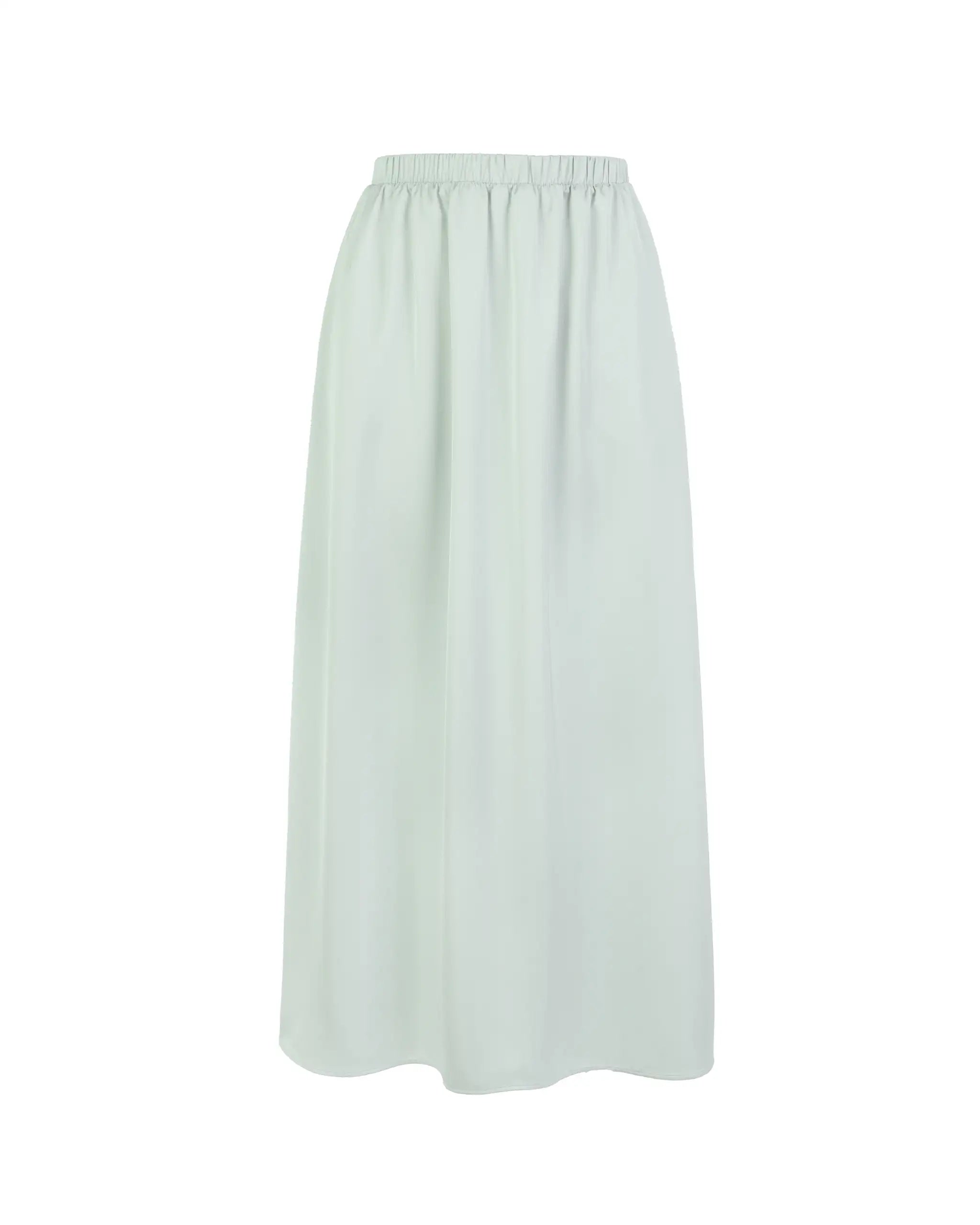 Wadenlanger Satinrock mit Schlitz in salbeigrün Freisteller vorne