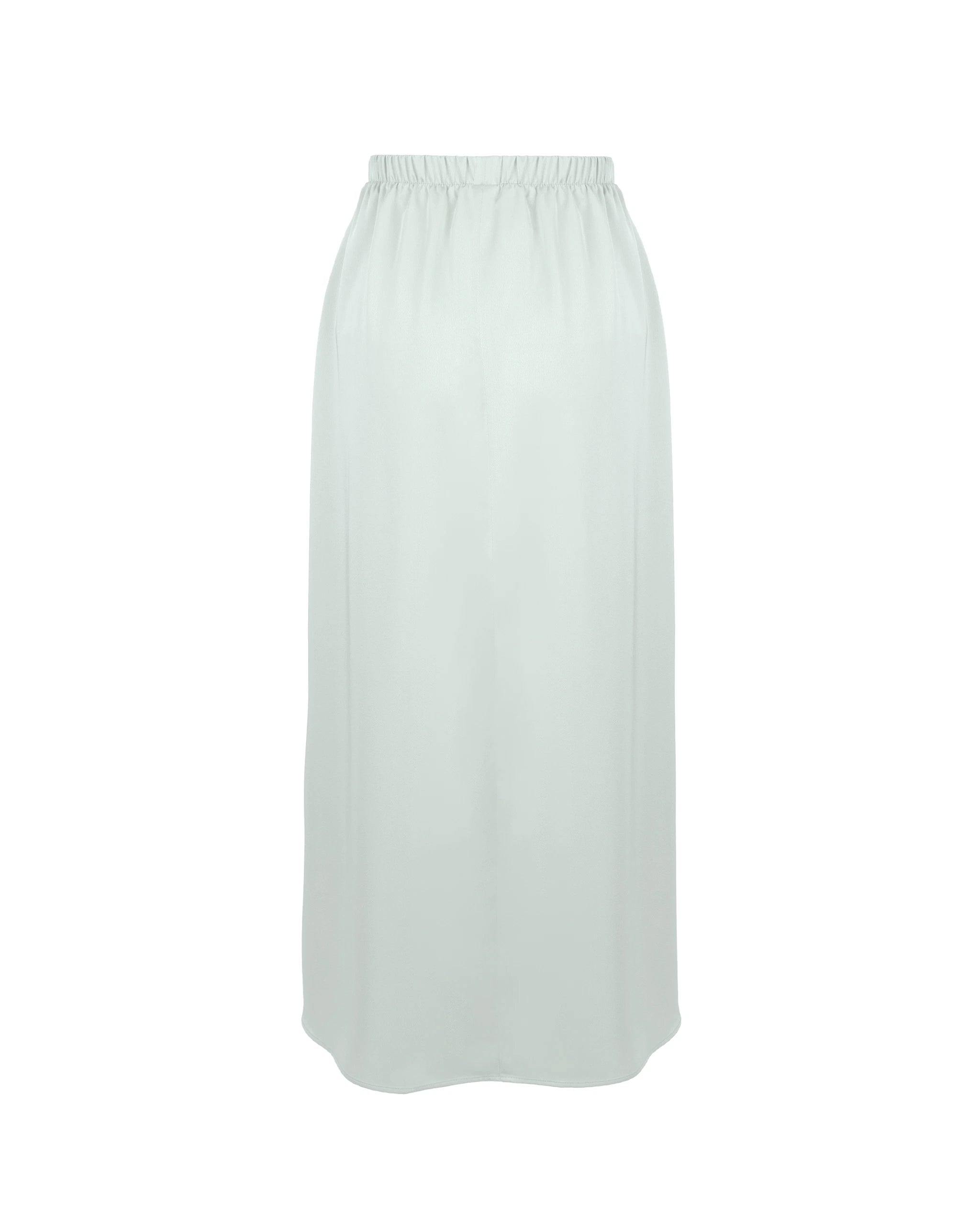 Wadenlanger Satinrock mit Schlitz in salbeigrün Freisteller hinten